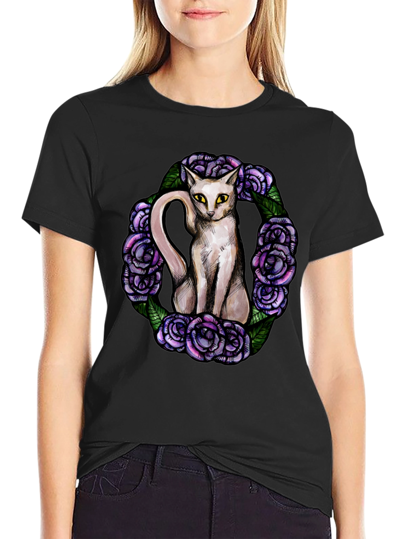 Black Cat & Rose Wreath Graphic T-Shirt view 2