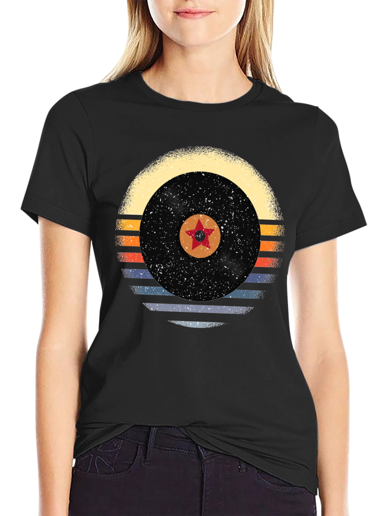 Black Retro Vinyl Record Star Graphic Tee view 2