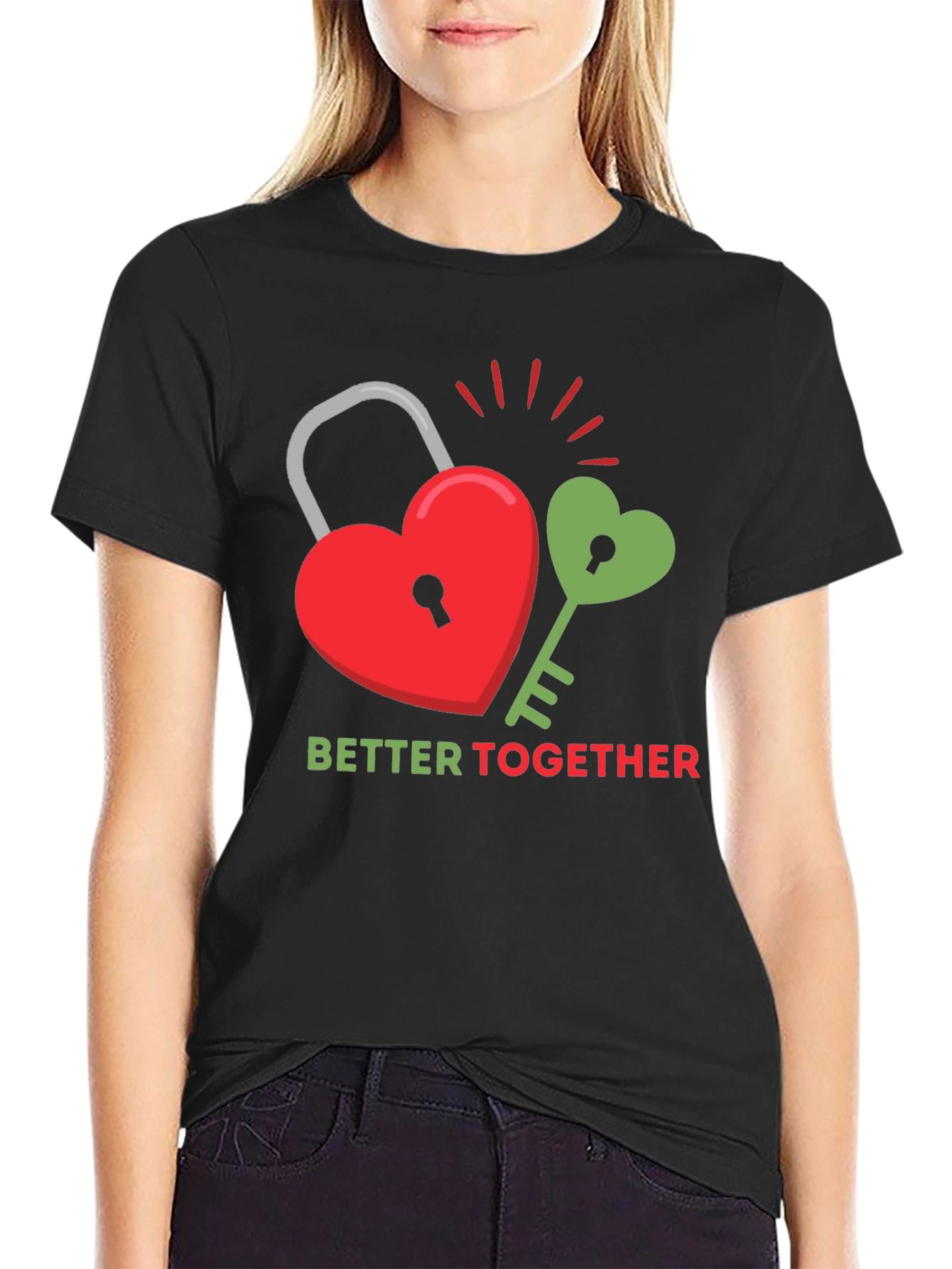 Black Better Together Graphic Tee - Heart Lock and Key Design view 2