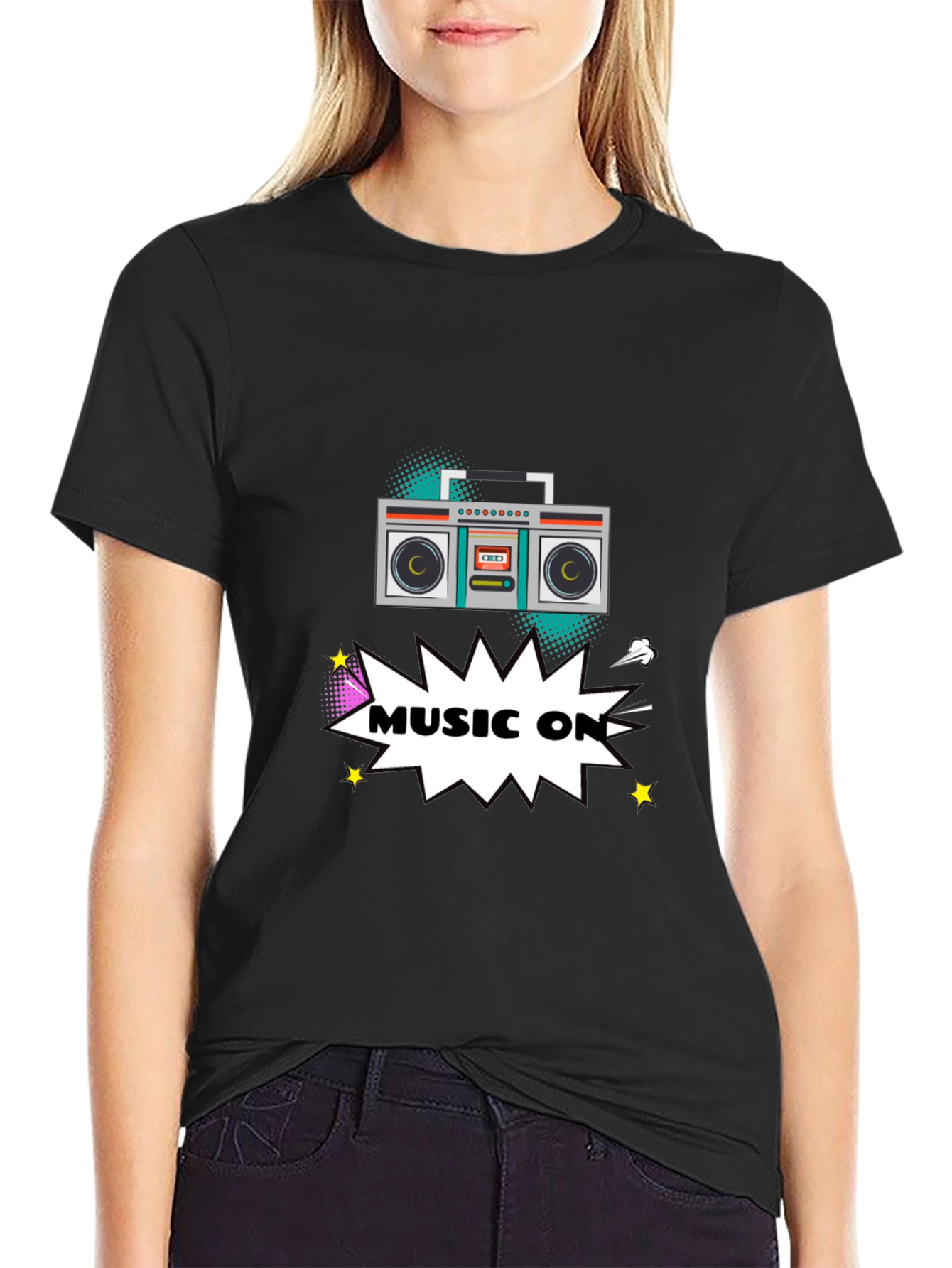 Black Retro Boombox Music On Graphic T-Shirt view 2