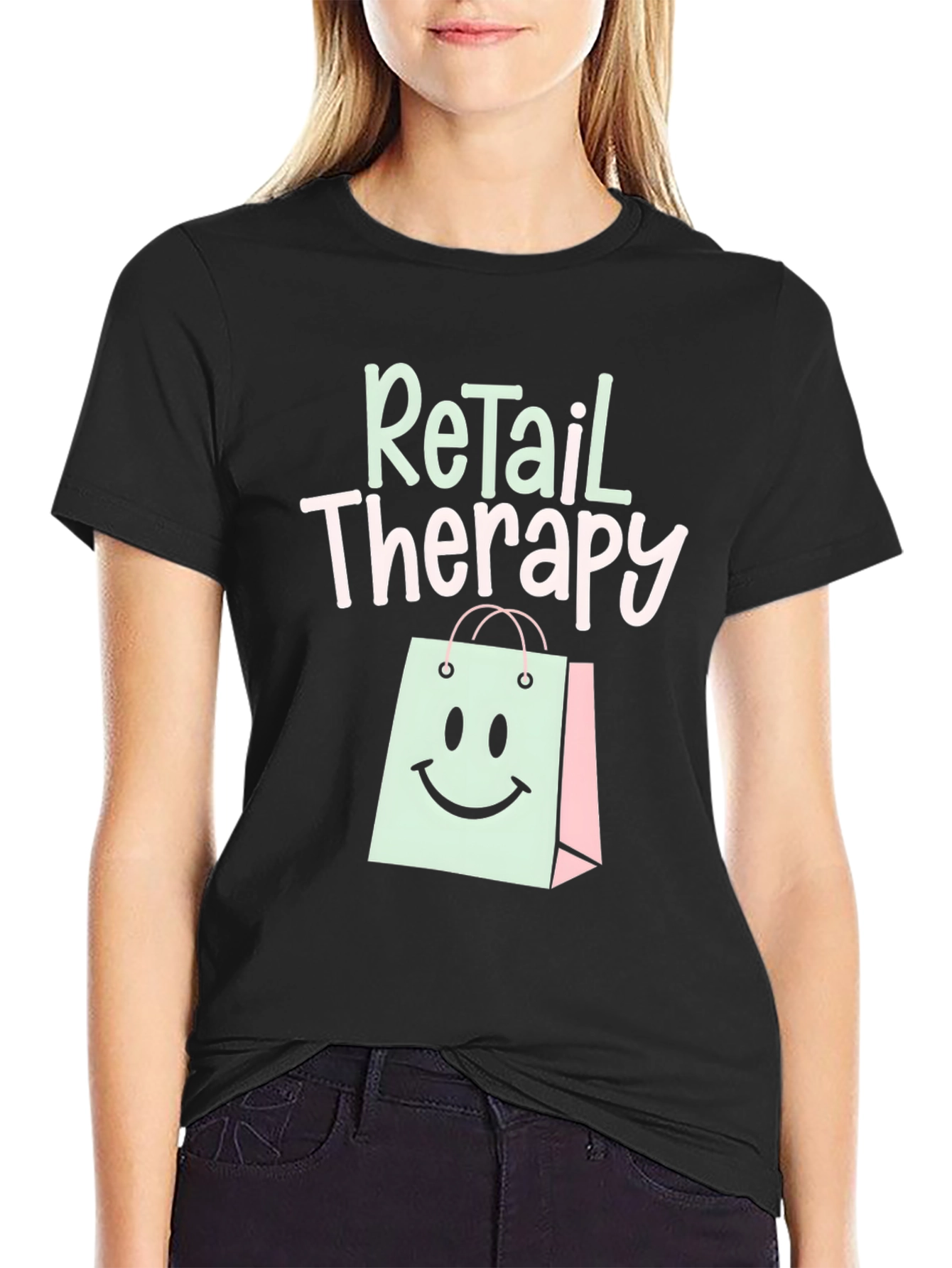 Black Retail Therapy T-Shirt - Trendy Graphic Tee view 2