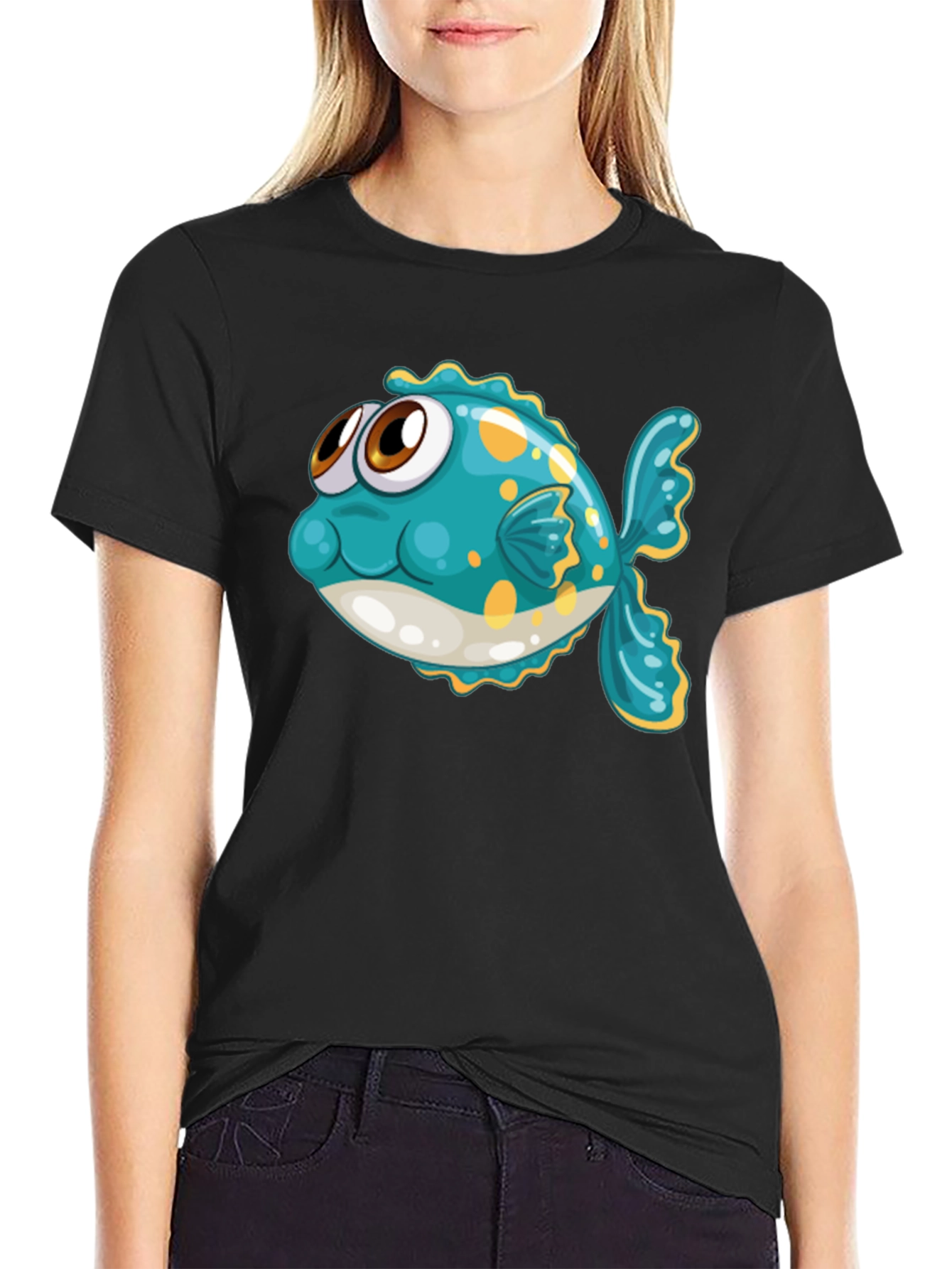 Black Cartoon Fish Graphic Tee - Black Cotton T-Shirt view 2