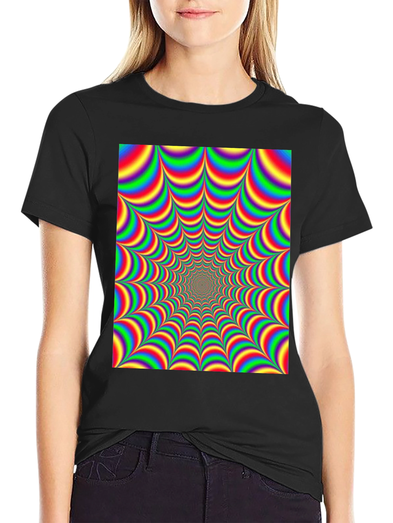 Black Optical Illusion T-Shirt - Hypnotic Rainbow Design view 2