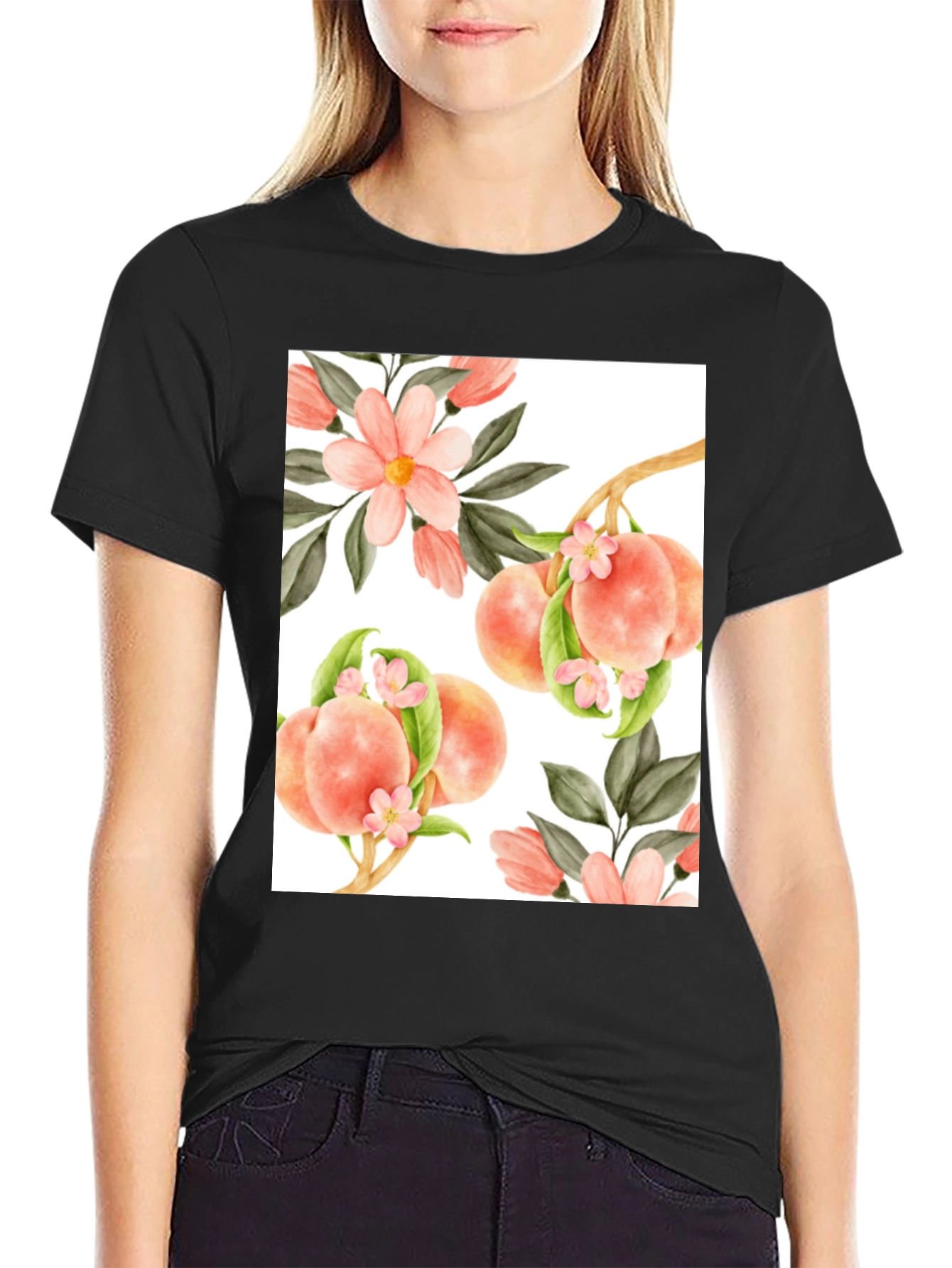 Black Peach Floral T-Shirt - Unique Design view 2