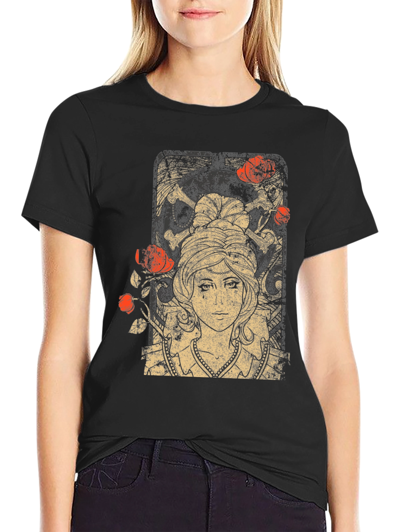 Black Gothic Maiden T-Shirt: Roses & Skulls view 2