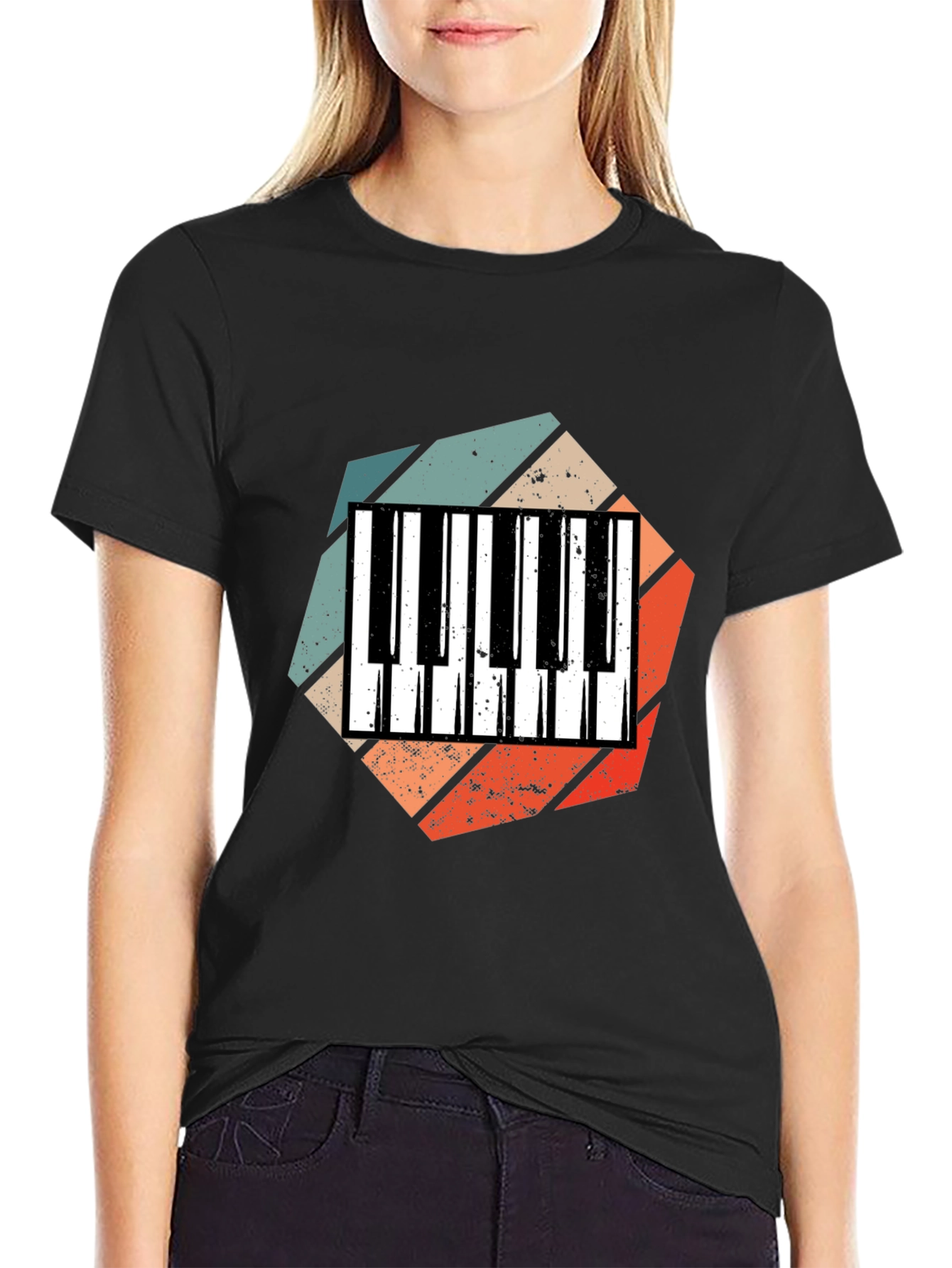 Black Retro Piano Keys T-Shirt - Music Lover Tee view 2
