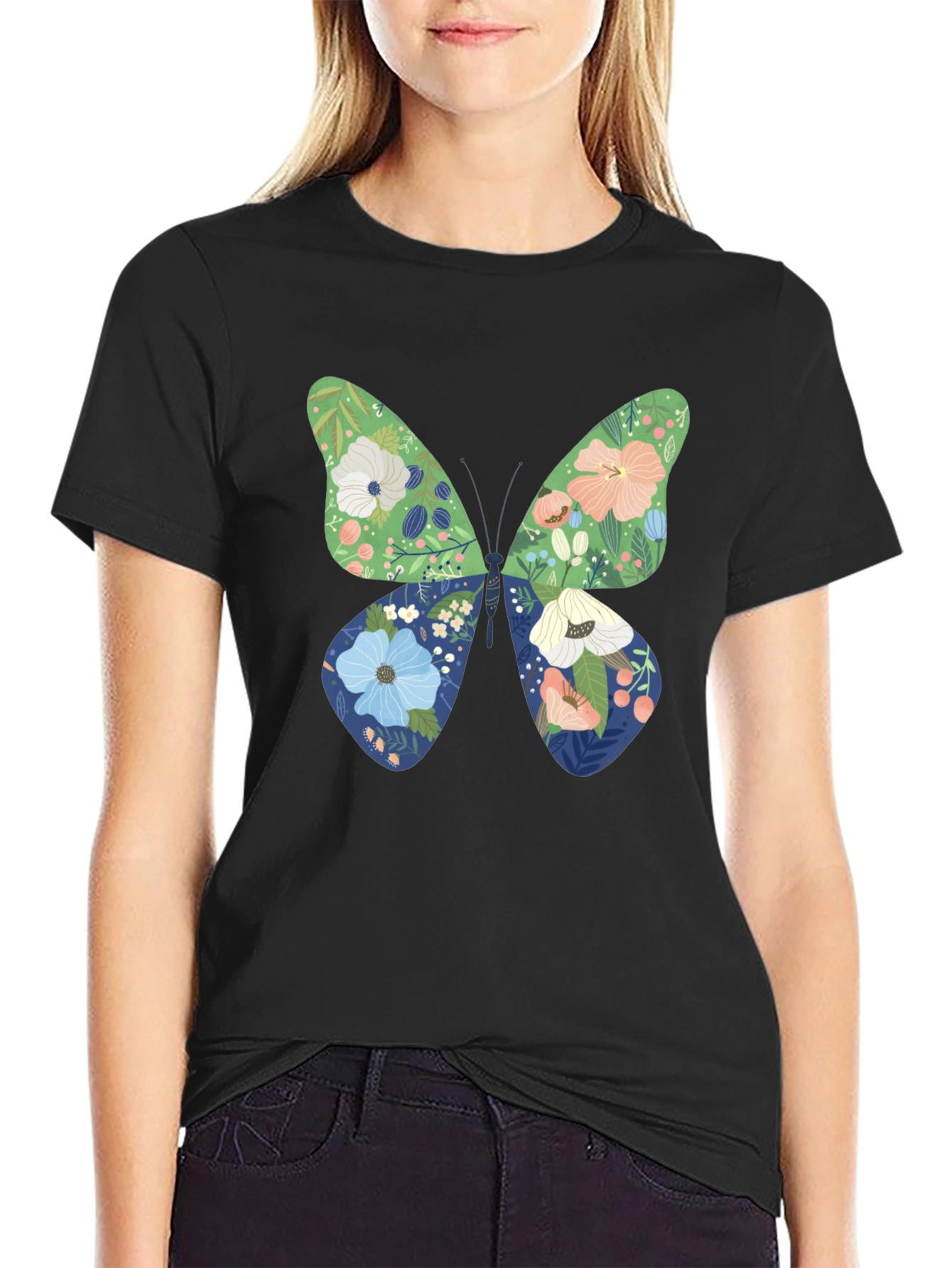 Black Floral Butterfly Graphic Black T-Shirt view 2