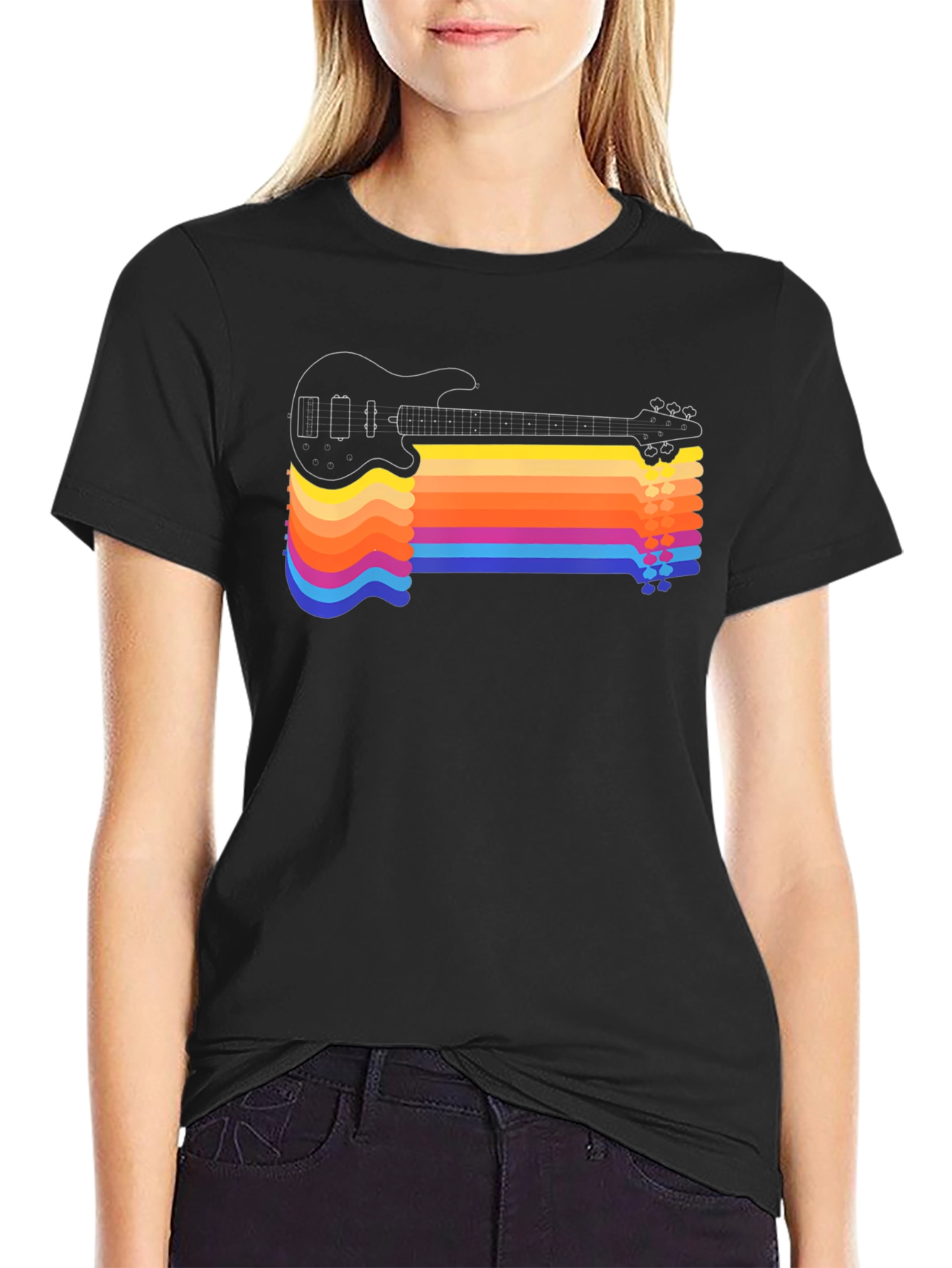 Black Retro Guitar Rainbow Stripe T-Shirt view 2