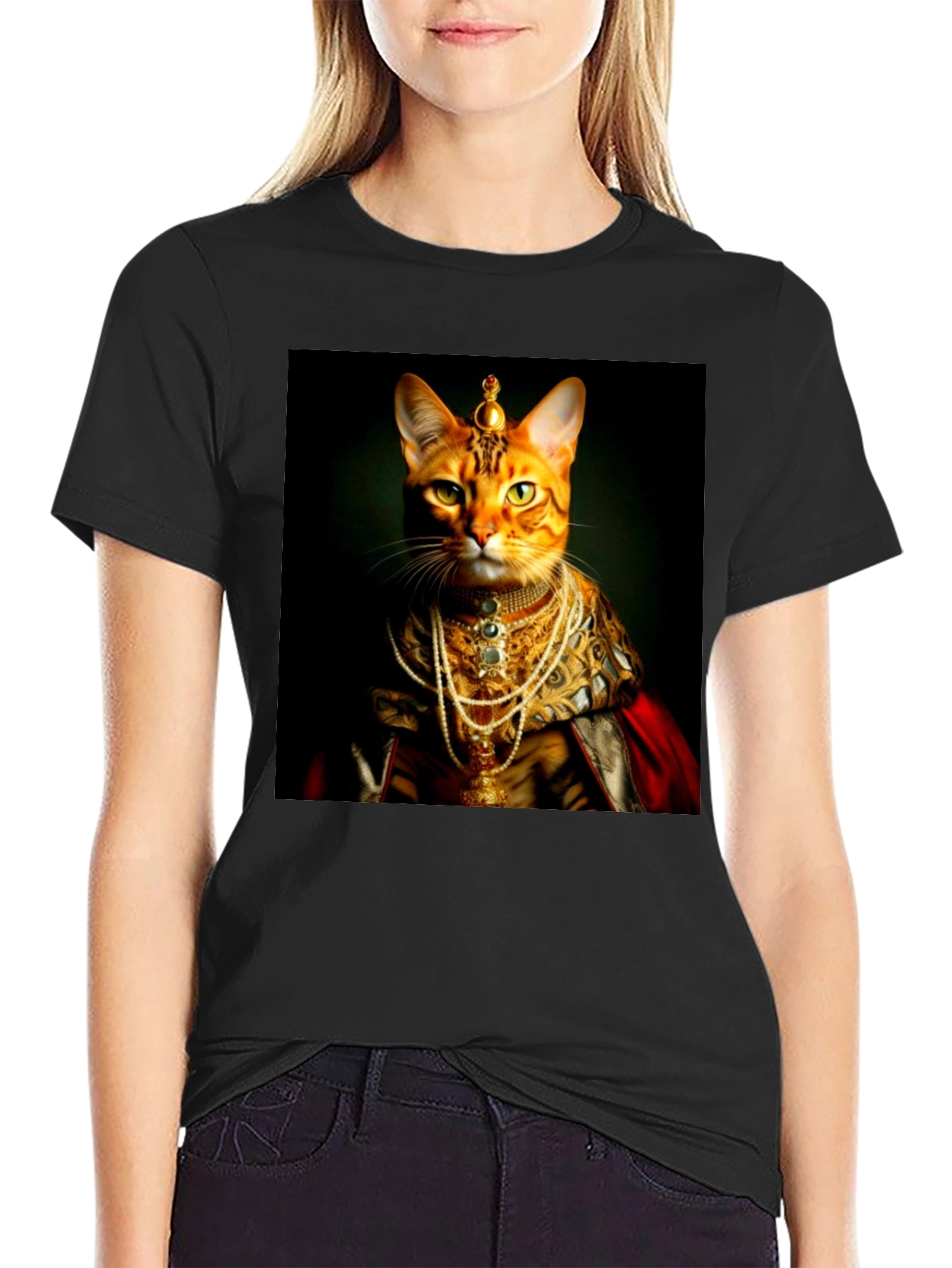 Black Regal Cat T-Shirt: Royal Feline Portrait Tee view 2