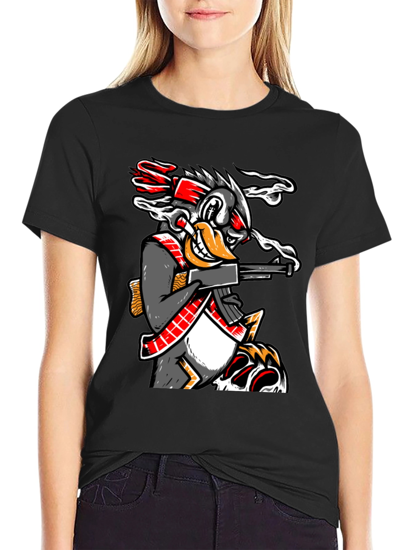 Black Cartoon Duck With Gun Graphic T-Shirt view 2