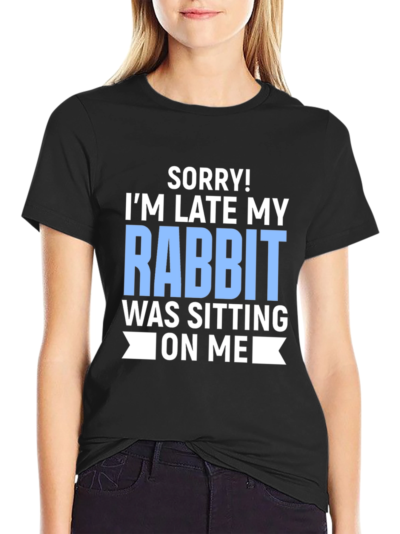 Black Funny Rabbit T-Shirt: Sorry I'm Late! view 2