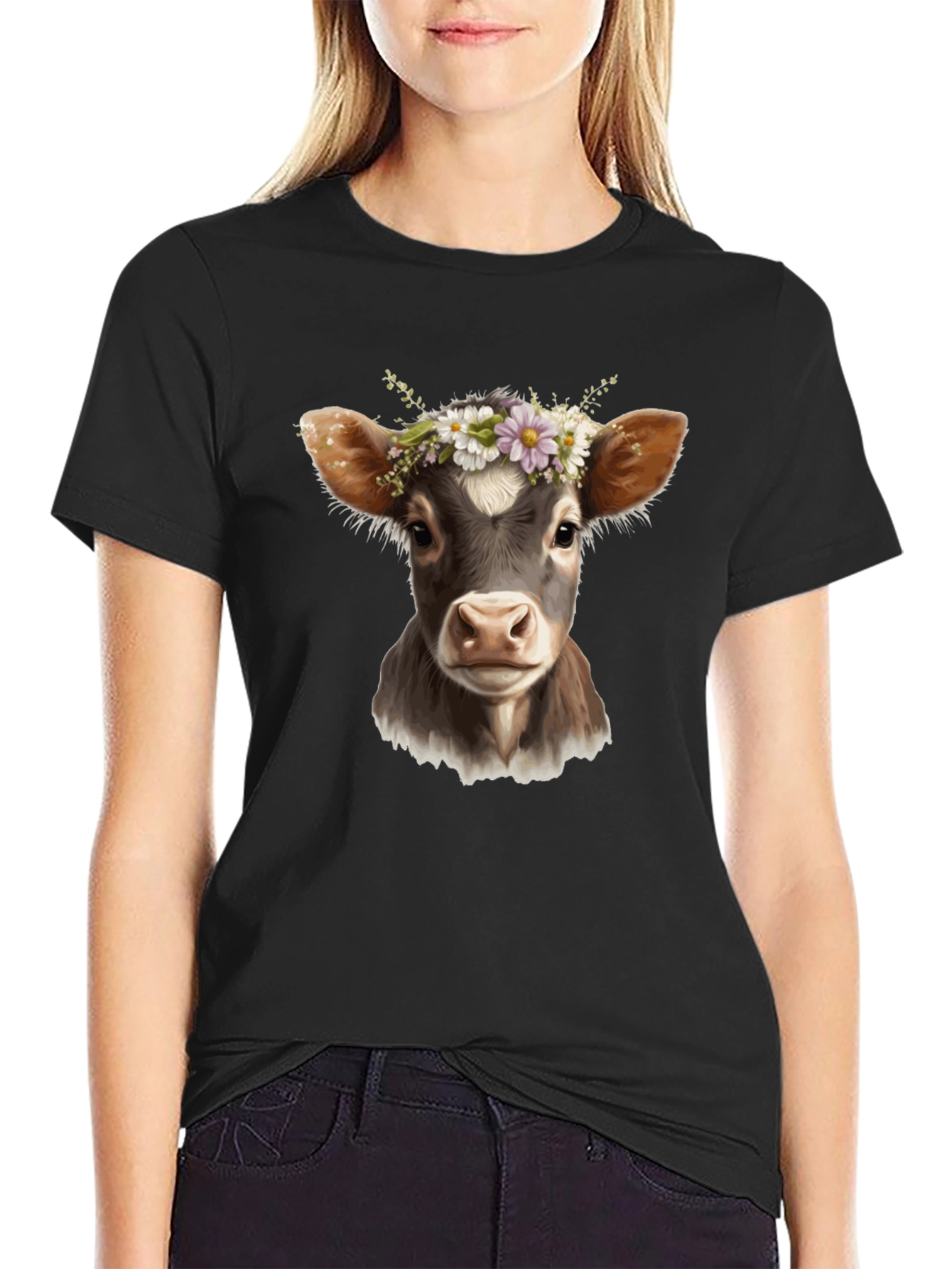 Black Cow with Flower Crown Black T-Shirt view 2