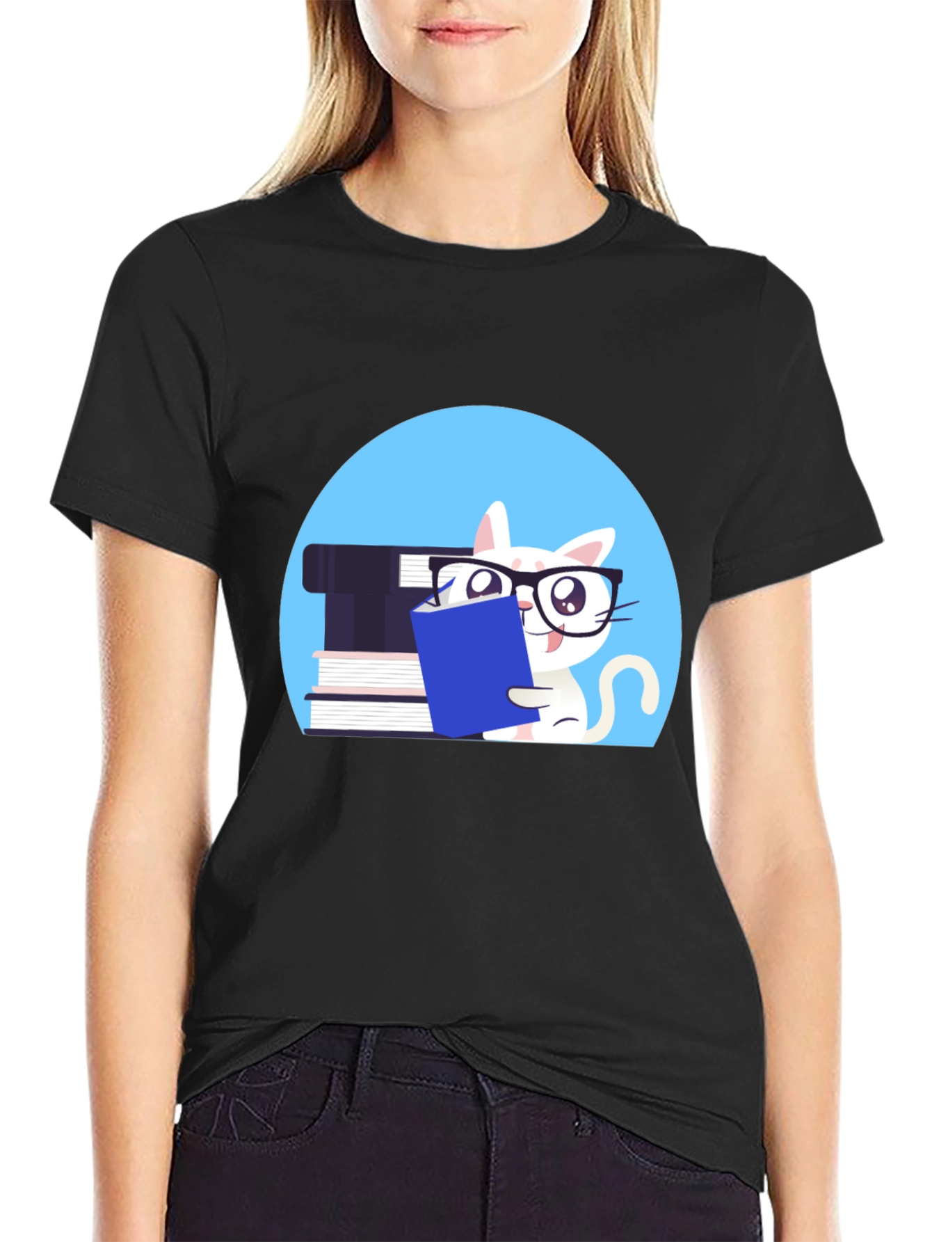 Black Reading Cat Graphic Tee - Unisex Cotton T-Shirt view 2