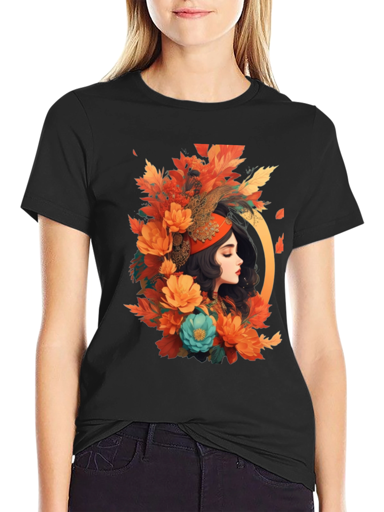 Black Floral Portrait Graphic Tee - Autumn Beauty view 2