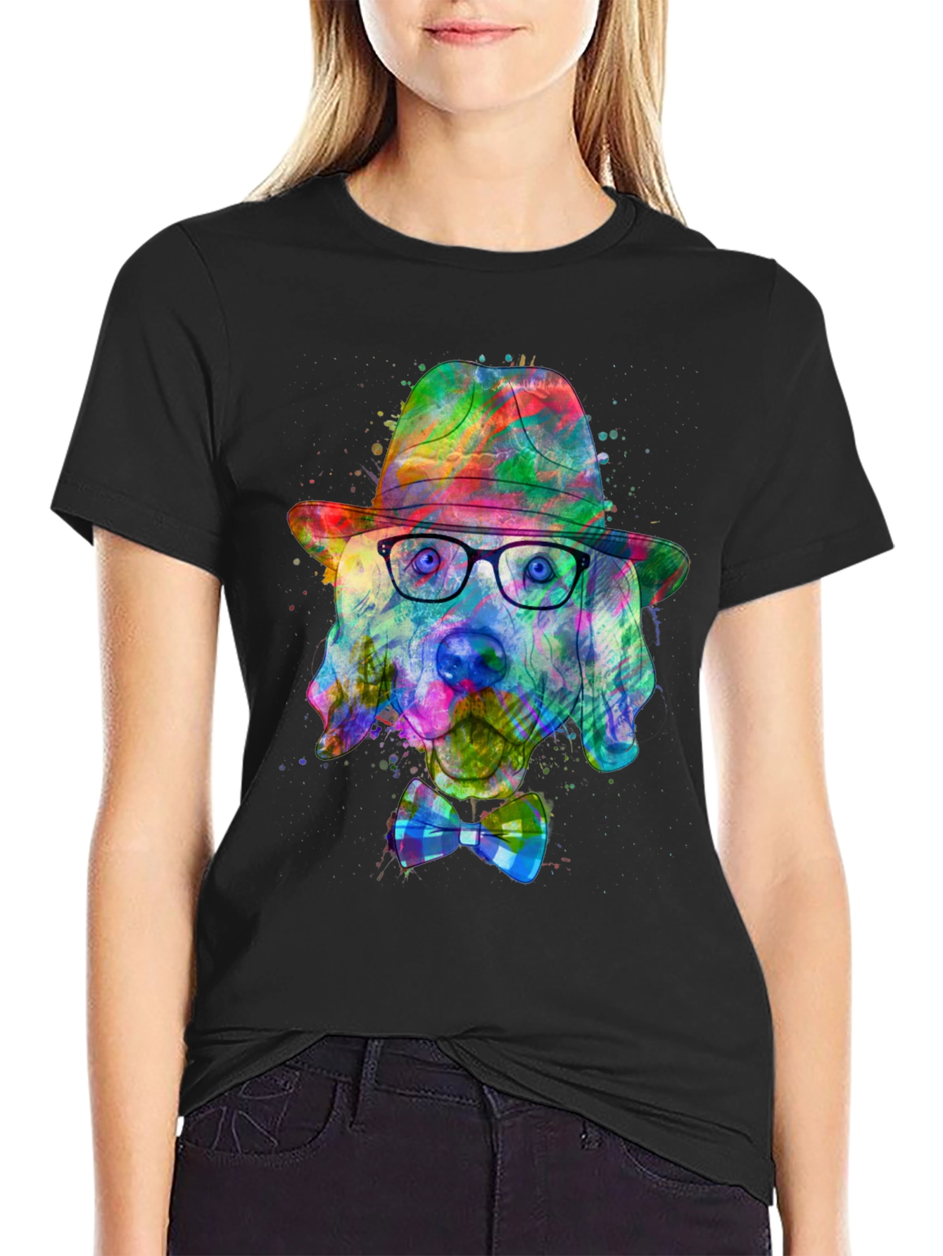 Black Dog Art T-Shirt - Watercolor Dog with Hat & Bowtie view 2