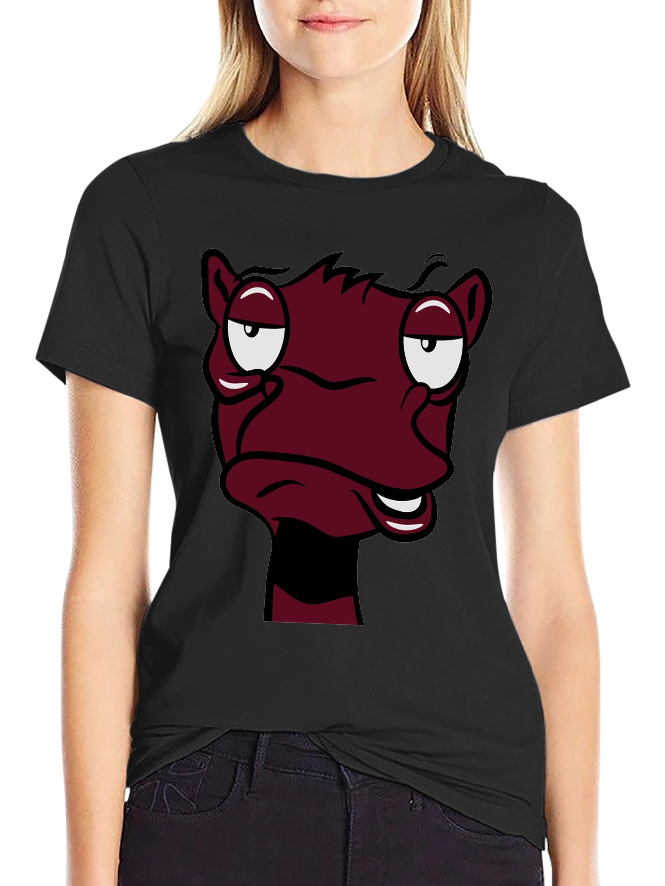 Black Funny Cartoon Face Graphic Tee - Black T-Shirt view 2