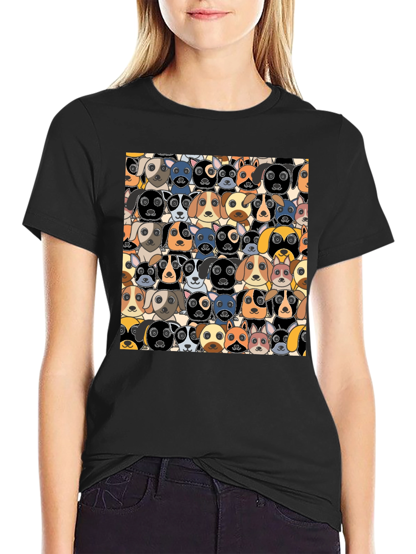 Black Cartoon Dog Faces Pattern T-Shirt view 2