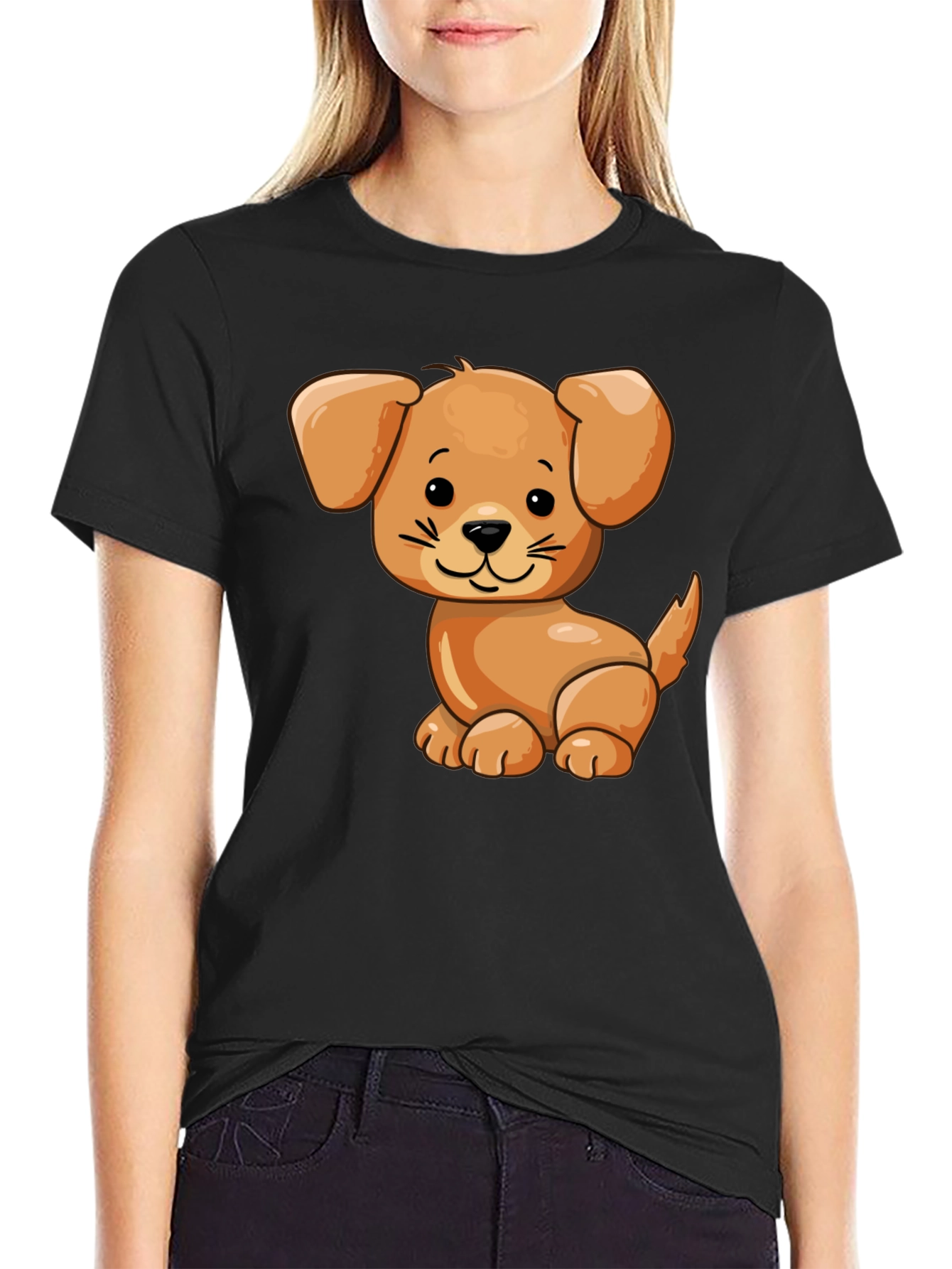 Black Cute Cartoon Dog Black T-Shirt view 2