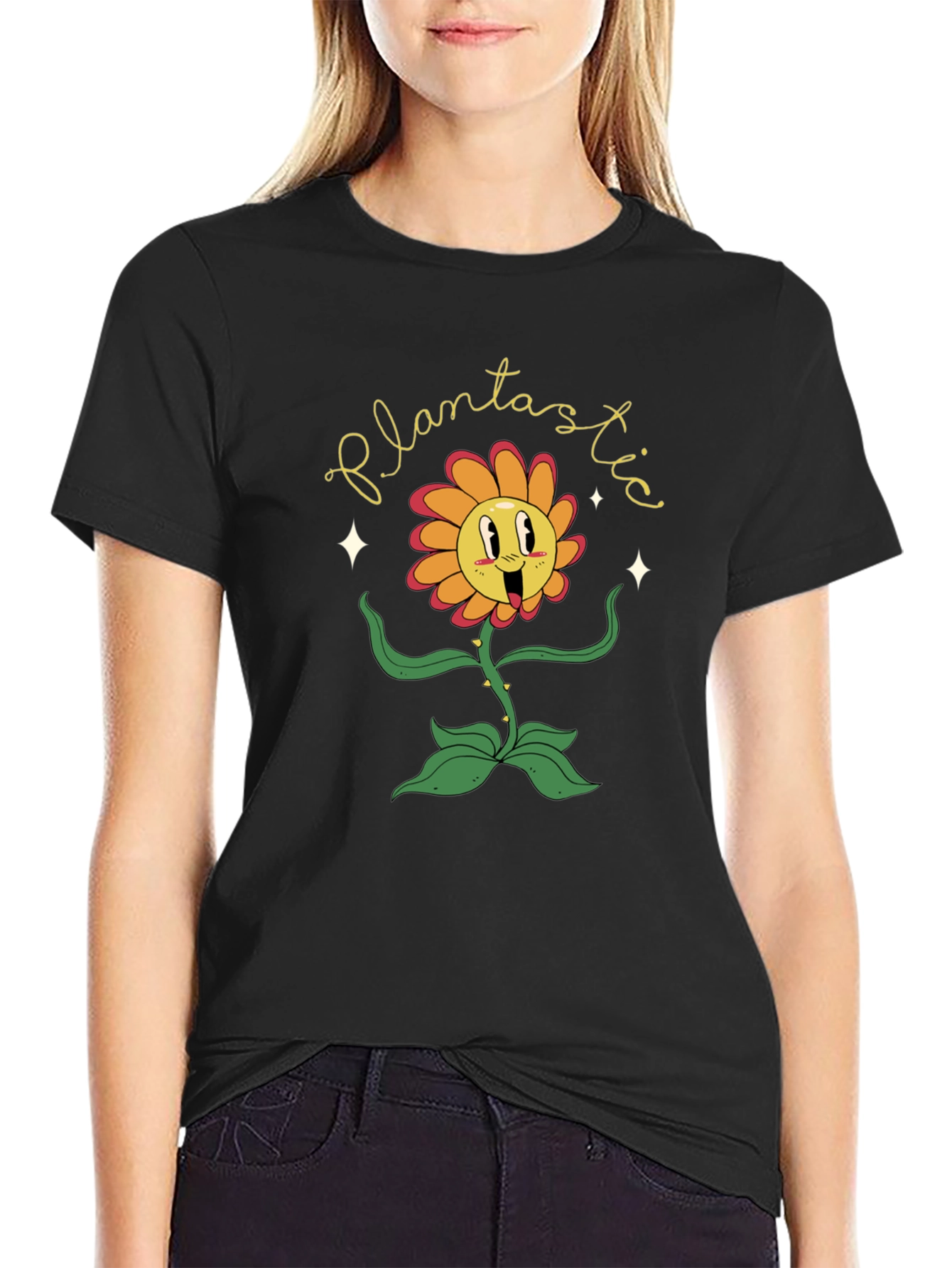 Black Plantastic Graphic Tee - Trendy Cartoon Flower T-Shirt view 2