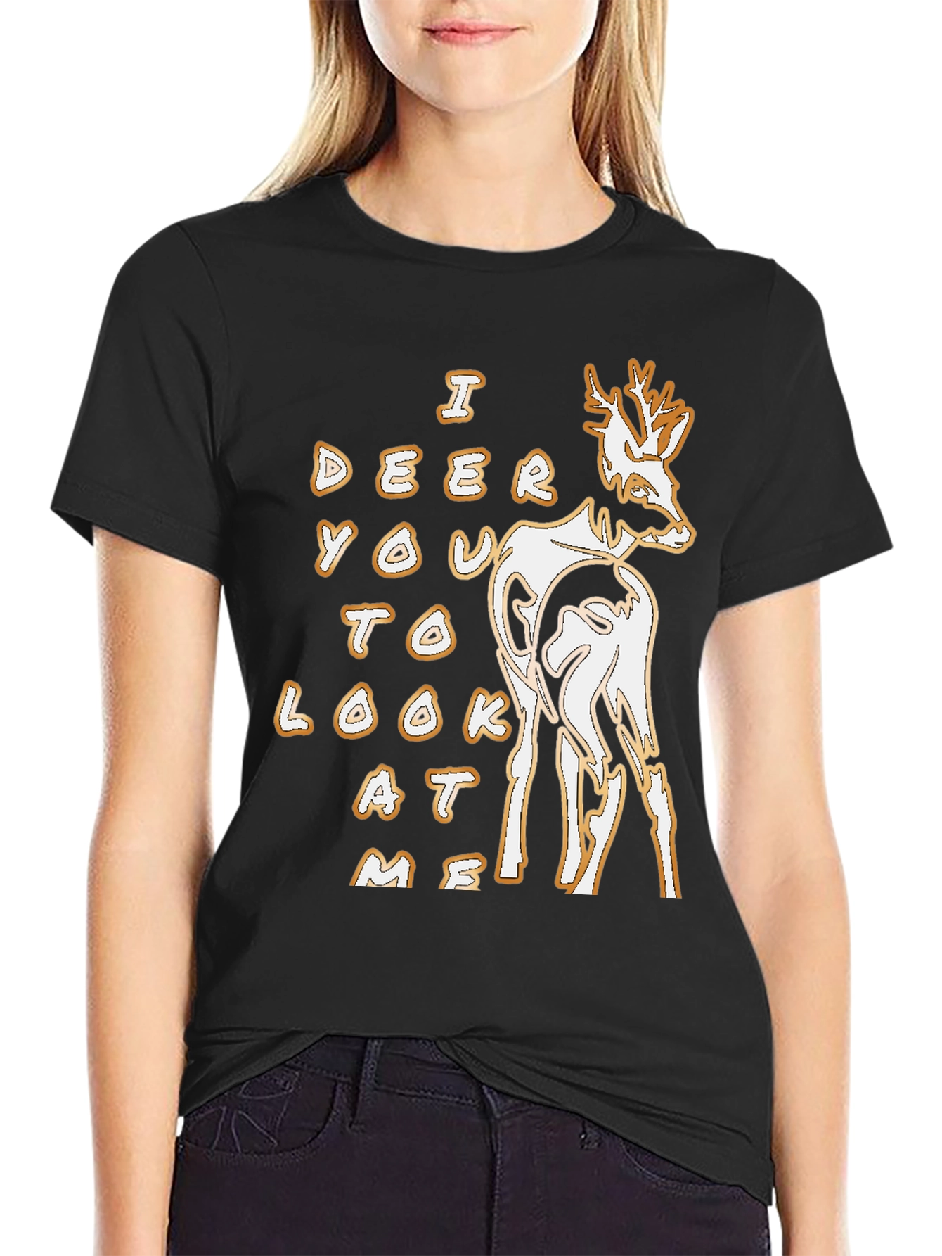 Black Deer Graphic Tee - 'I Deer You To Look At Me' Black T-Shirt view 2