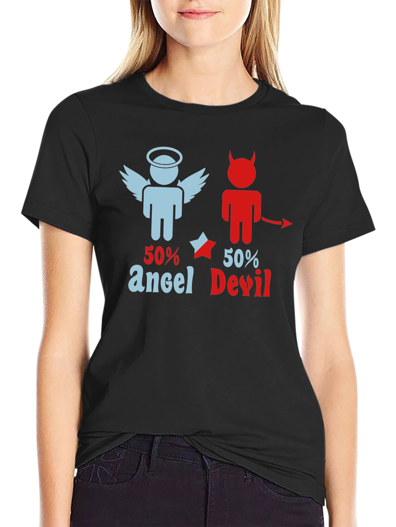 Black 50% Angel 50% Devil Graphic Print T-Shirt view 2