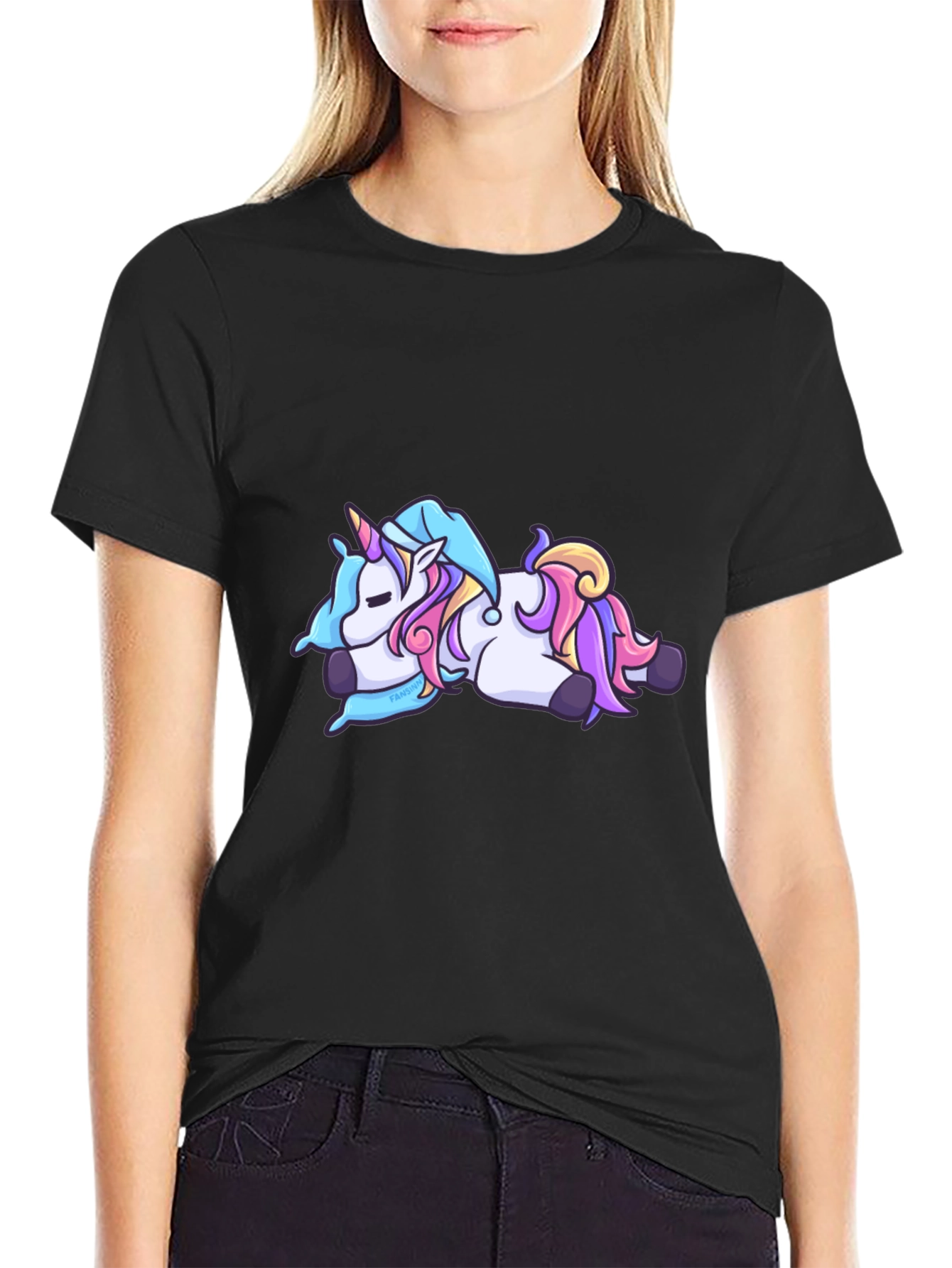 Black Unicorn Cartoon Tee - Black Cotton Casual T-Shirt view 2