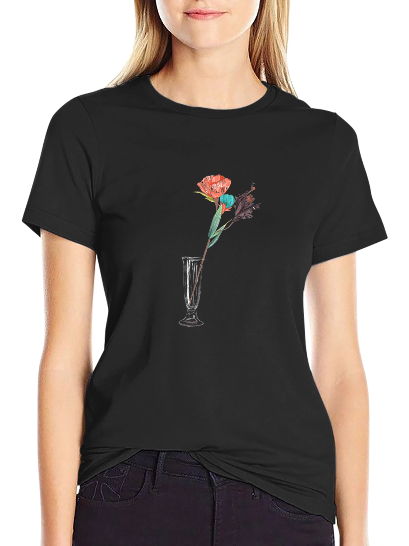 Black Floral Vase Graphic Tee - Black Cotton T-Shirt view 2