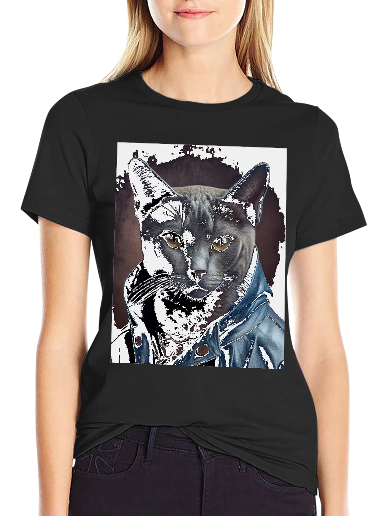 Black Cat in Denim Jacket Graphic Tee - Unique Print view 2