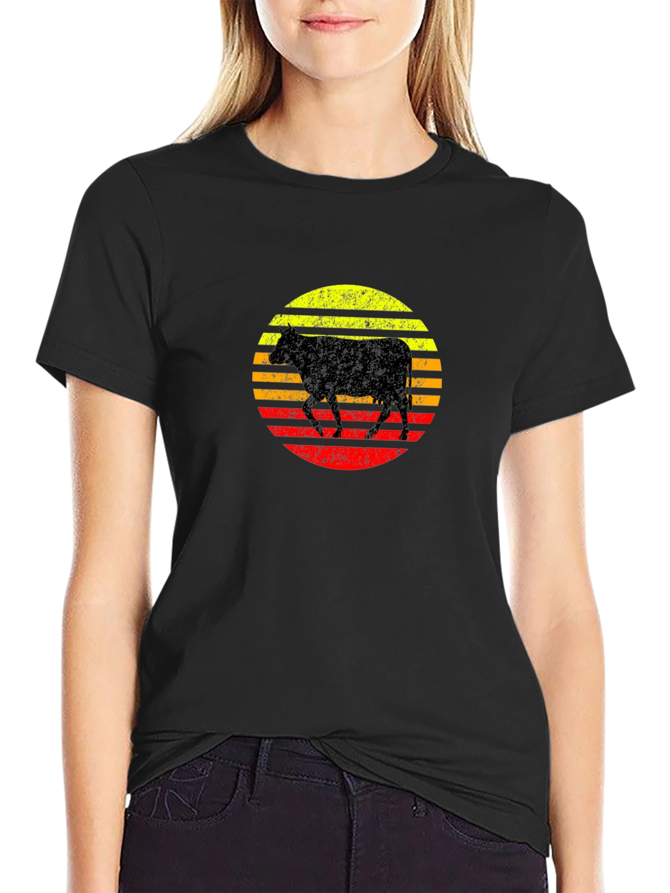 Black Retro Cow Sunset Graphic T-Shirt view 2