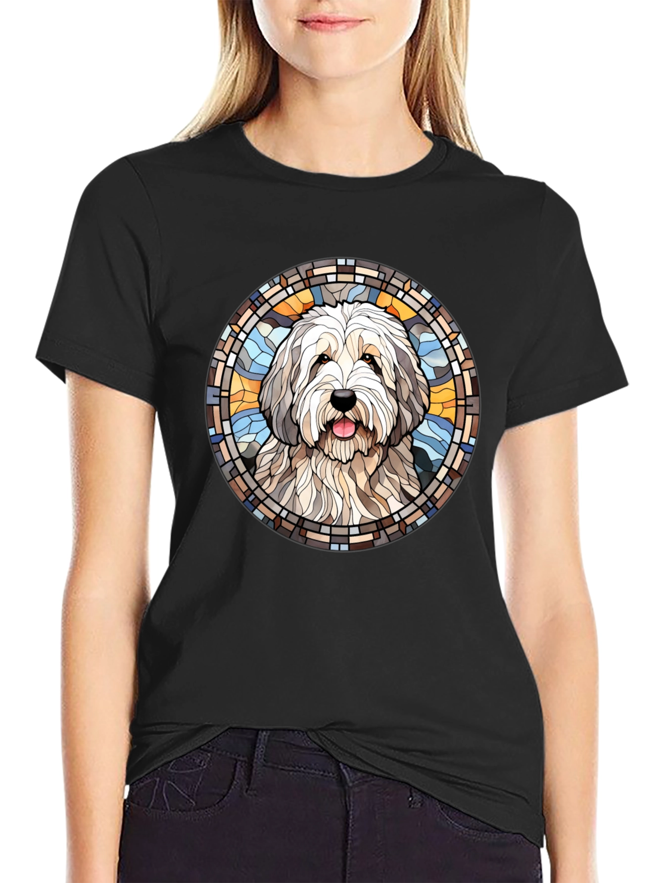 Black Dog Portrait Stained Glass Style Tee view 2