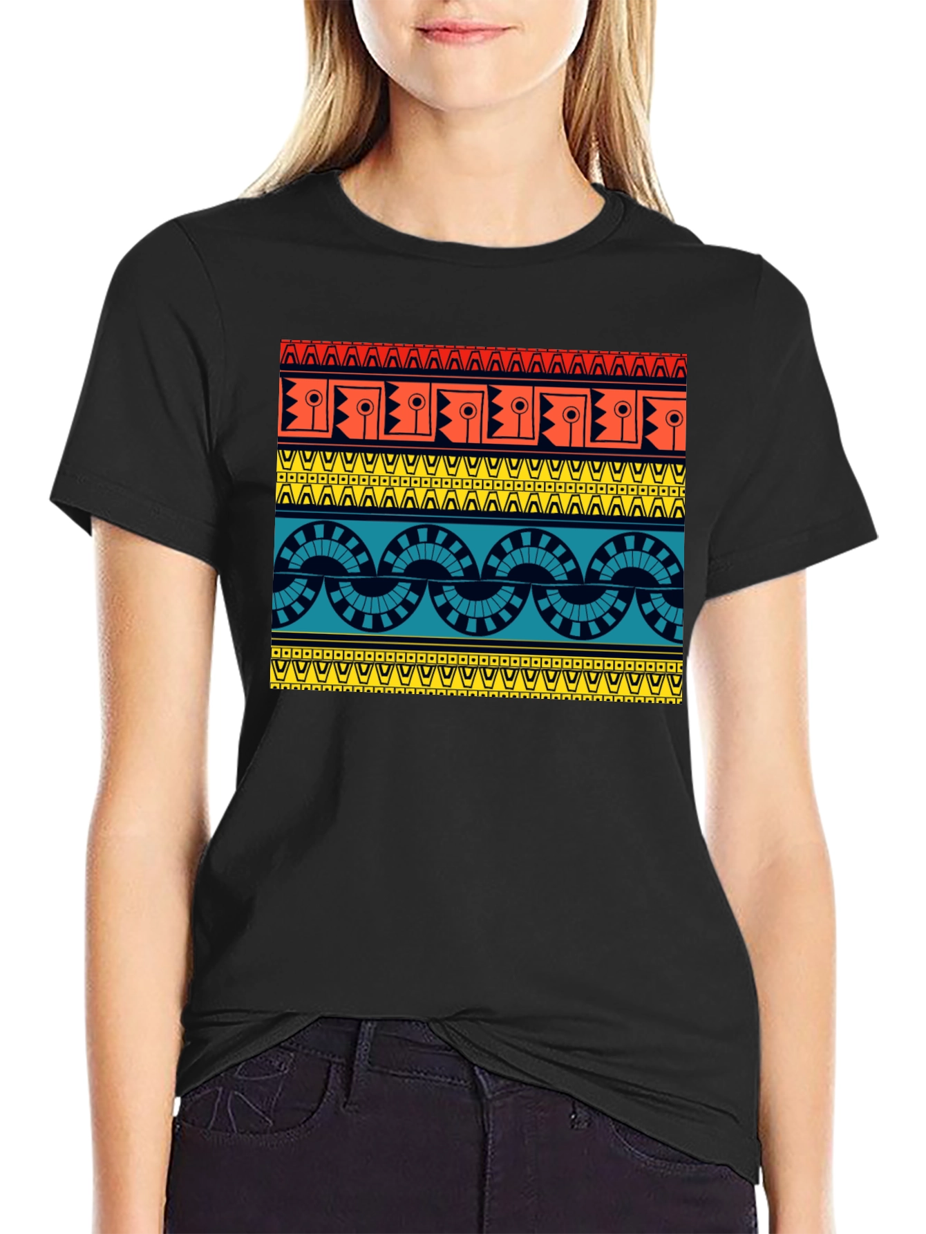 Black Geometric Aztec Pattern Black T-Shirt view 2