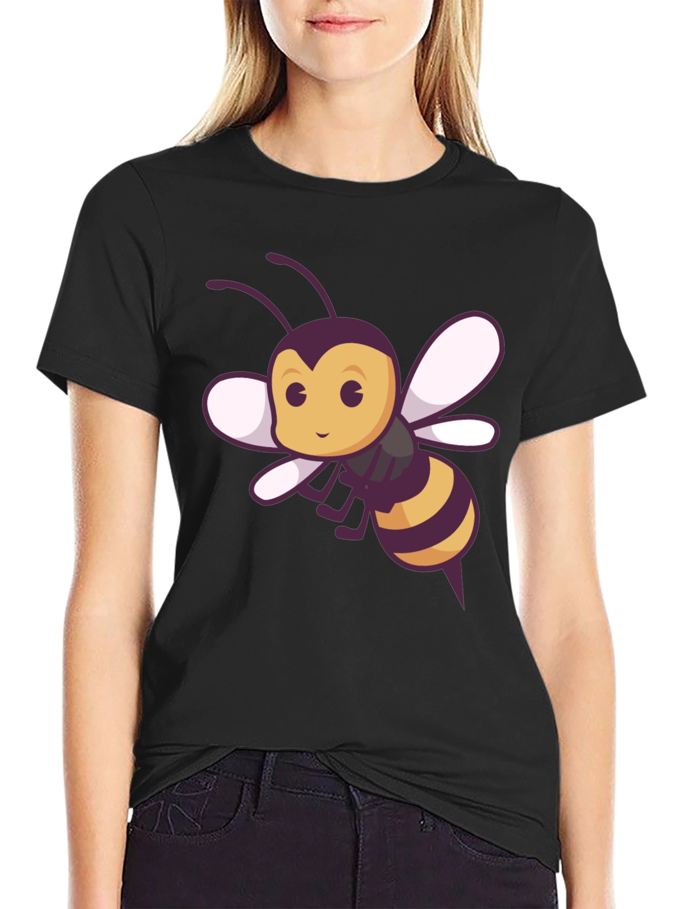 Black Cute Bee Graphic Tee - Black Cotton T-Shirt view 2