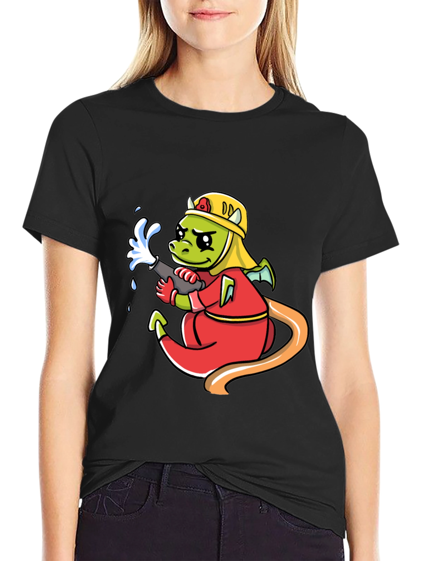 Black Cartoon Dragon Firefighter Graphic T-Shirt view 2