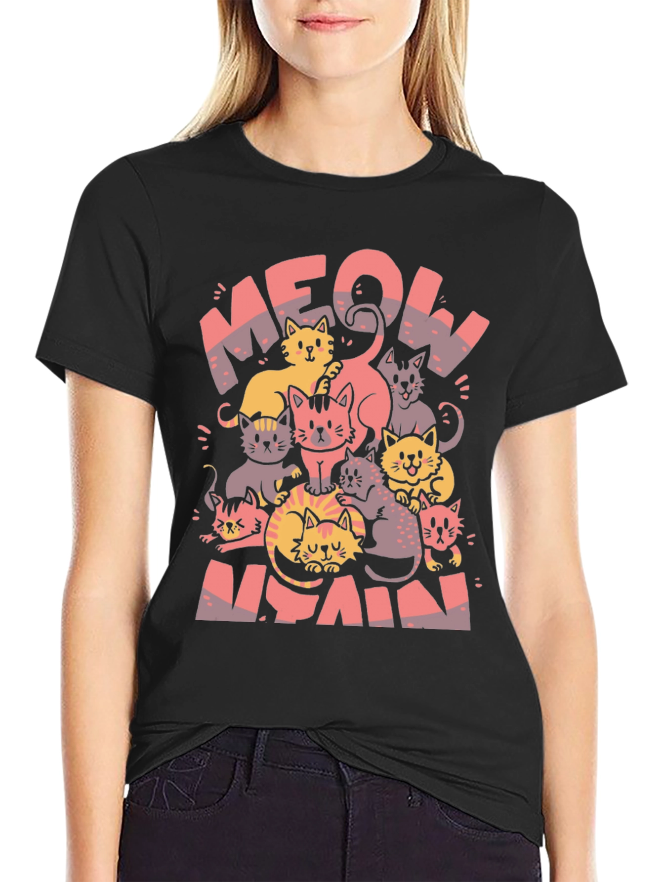 Black Meow Again T-Shirt - Cute Cat Lover Tee view 2