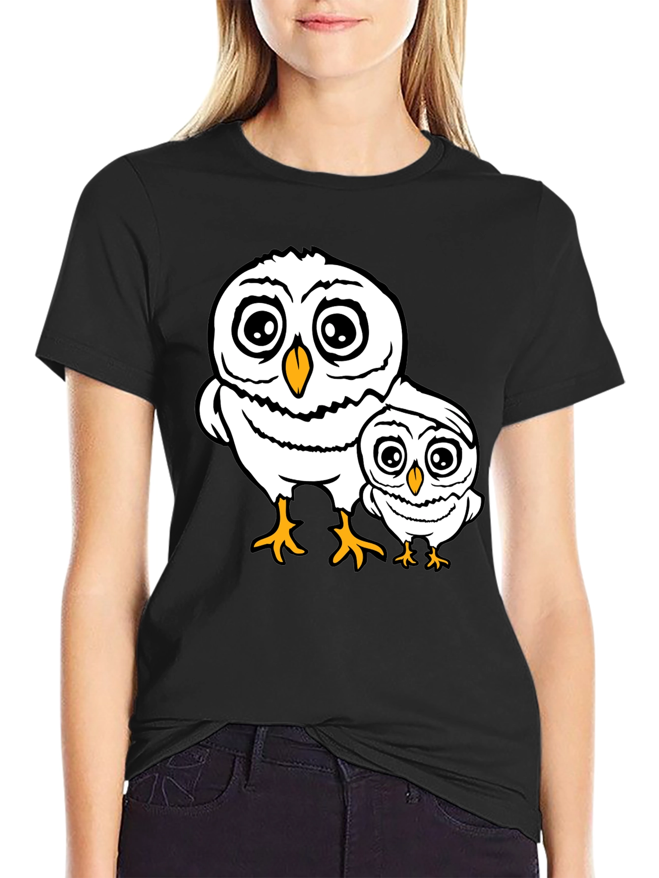 Black Cute Owl Family T-Shirt - Black Cotton Tee view 2