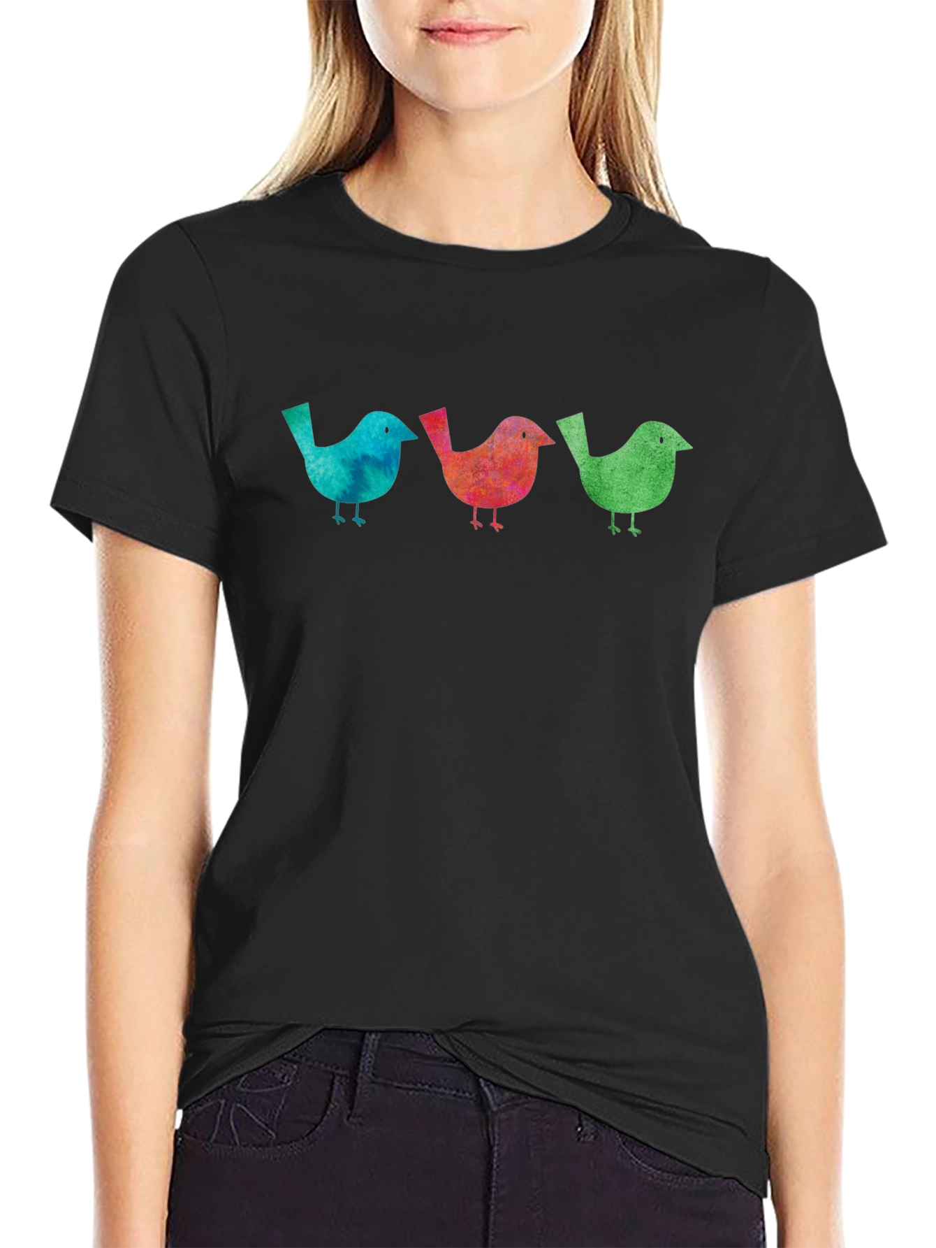 Black Watercolor Bird Trio Graphic Black T-Shirt view 2