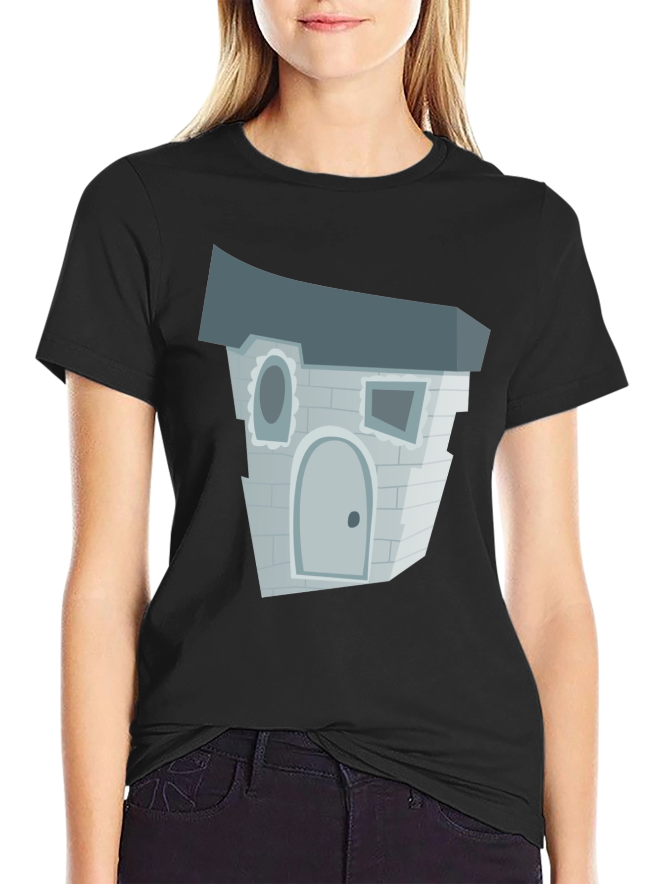 Black Cartoon Haunted House T-Shirt view 2