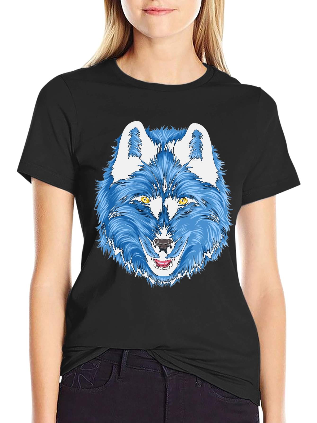Black Blue Wolf Graphic Tee - Men's Black T-Shirt view 2