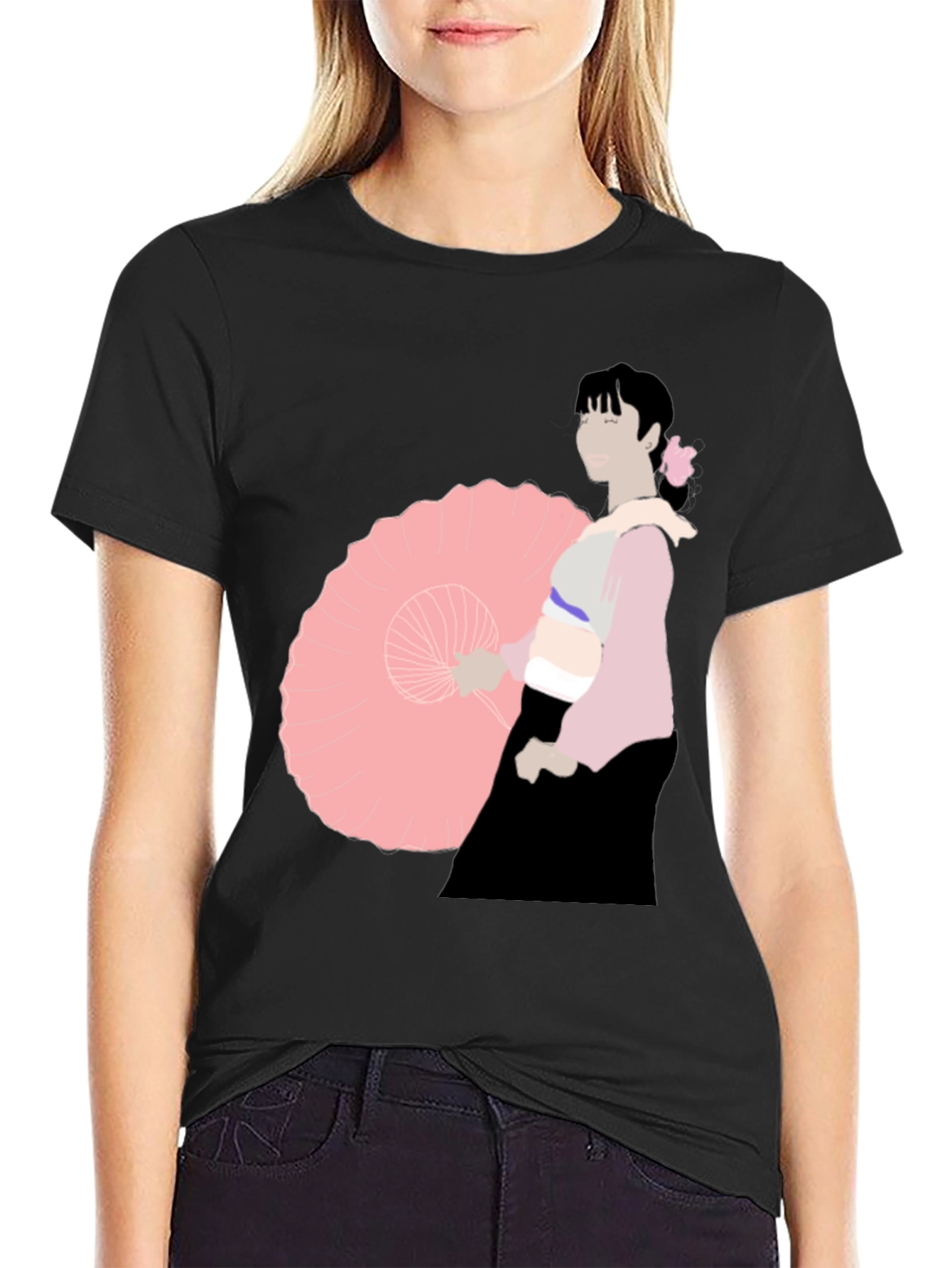 Black Black T-Shirt with Japanese Woman Illustration view 2