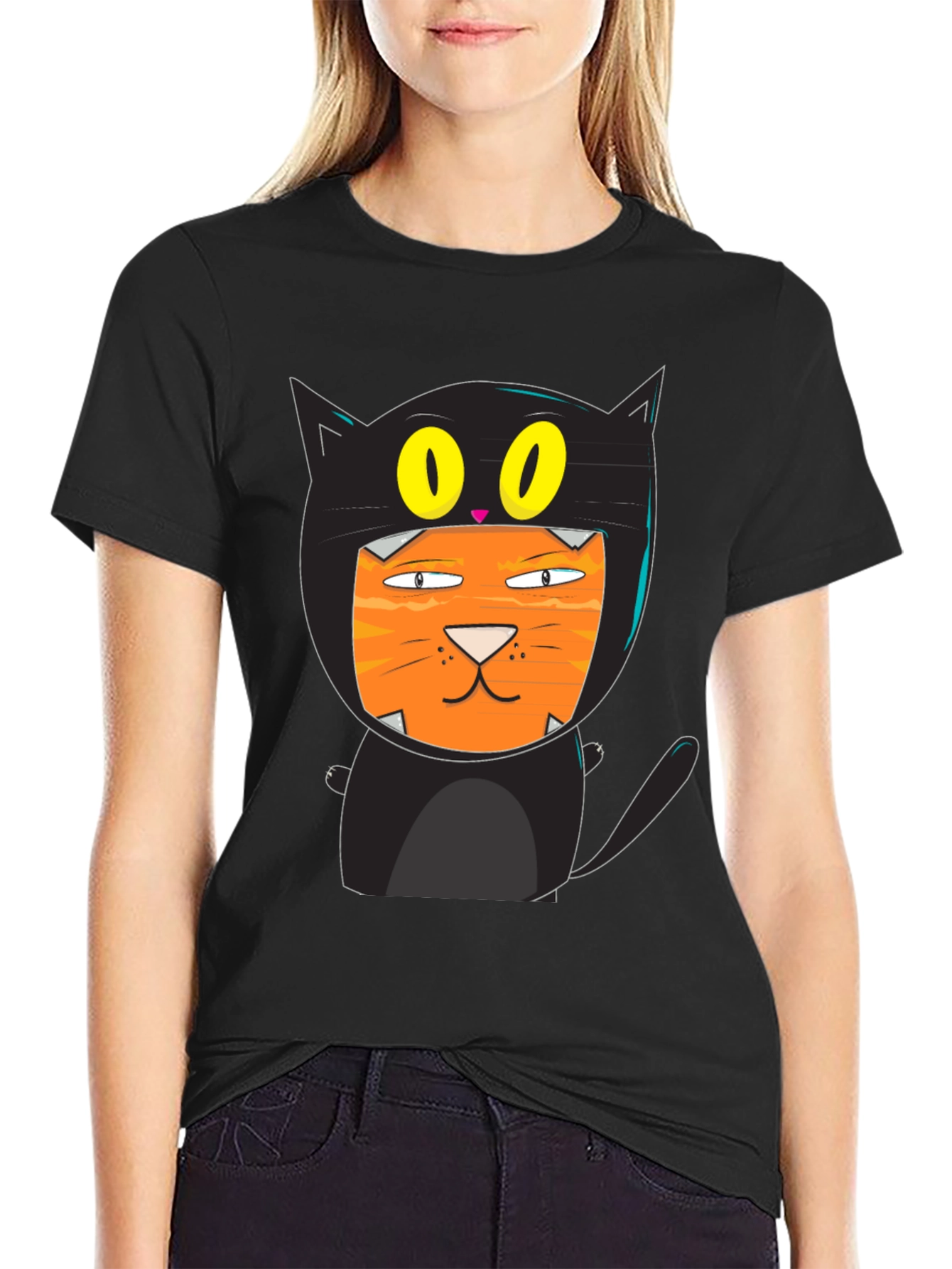 Black Funny Cat Costume T-Shirt Black Cotton view 2
