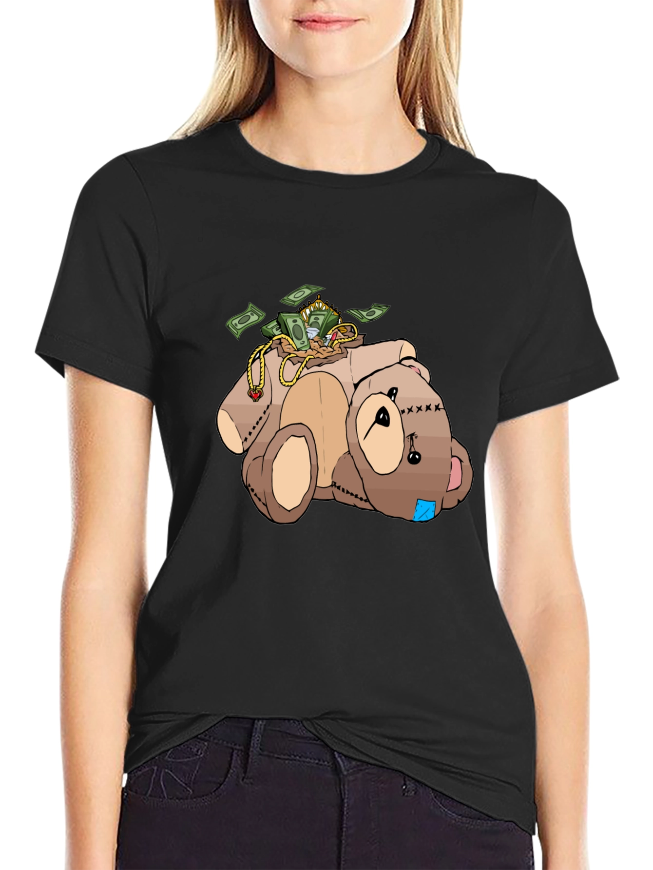 Black Money Bear T-Shirt - Cartoon Graphic Tee view 2