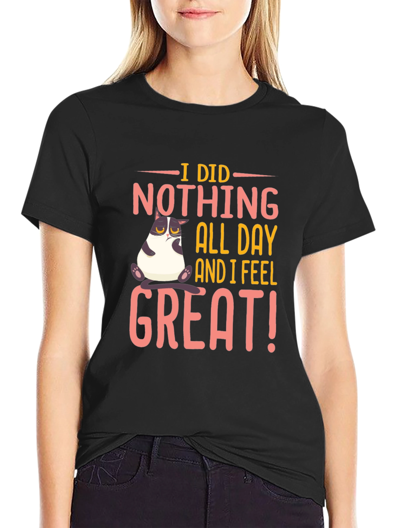Black Funny Cat "I Did Nothing" Black T-Shirt view 2
