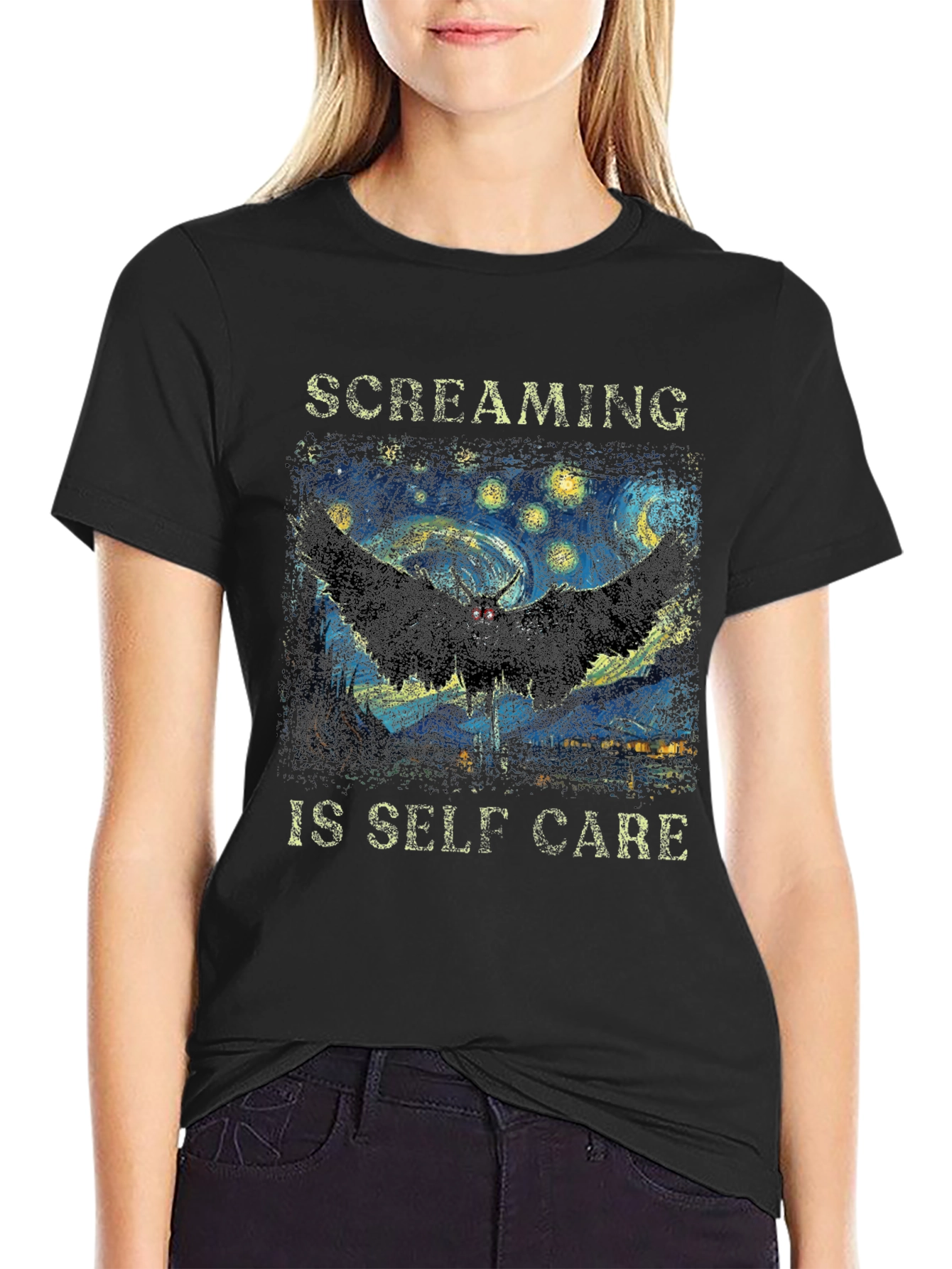 Black Screaming Is Self Care T-Shirt Starry Night Mothman Tee view 2