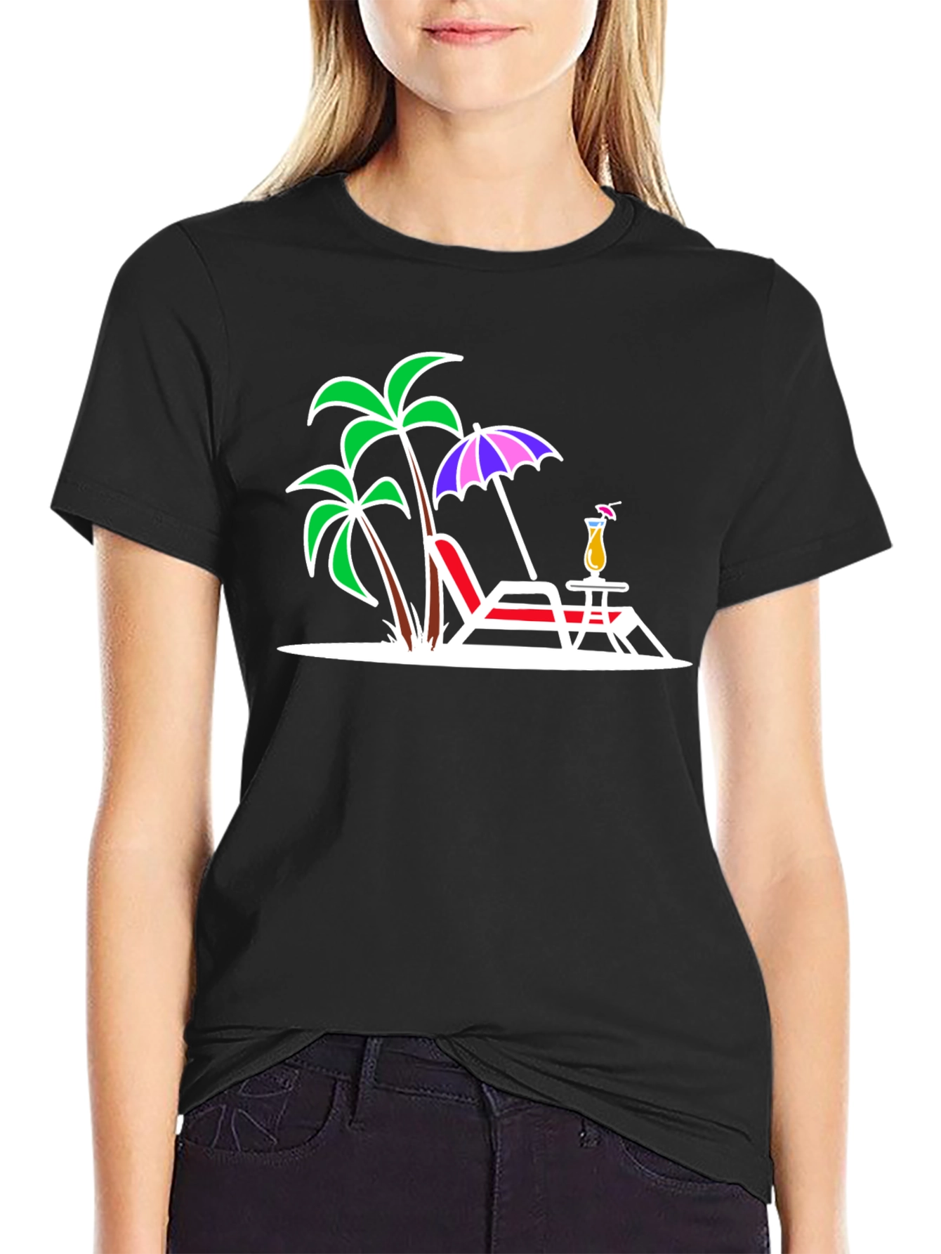 Black Tropical Beach T-Shirt: Palm Trees, Chair, & Cocktail Design view 2