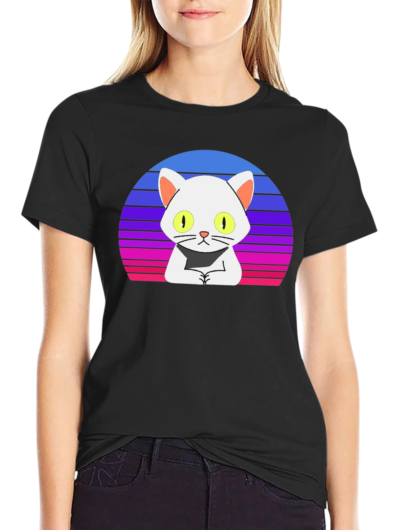 Black Retro Cat T-Shirt - Cool Cartoon Design view 2