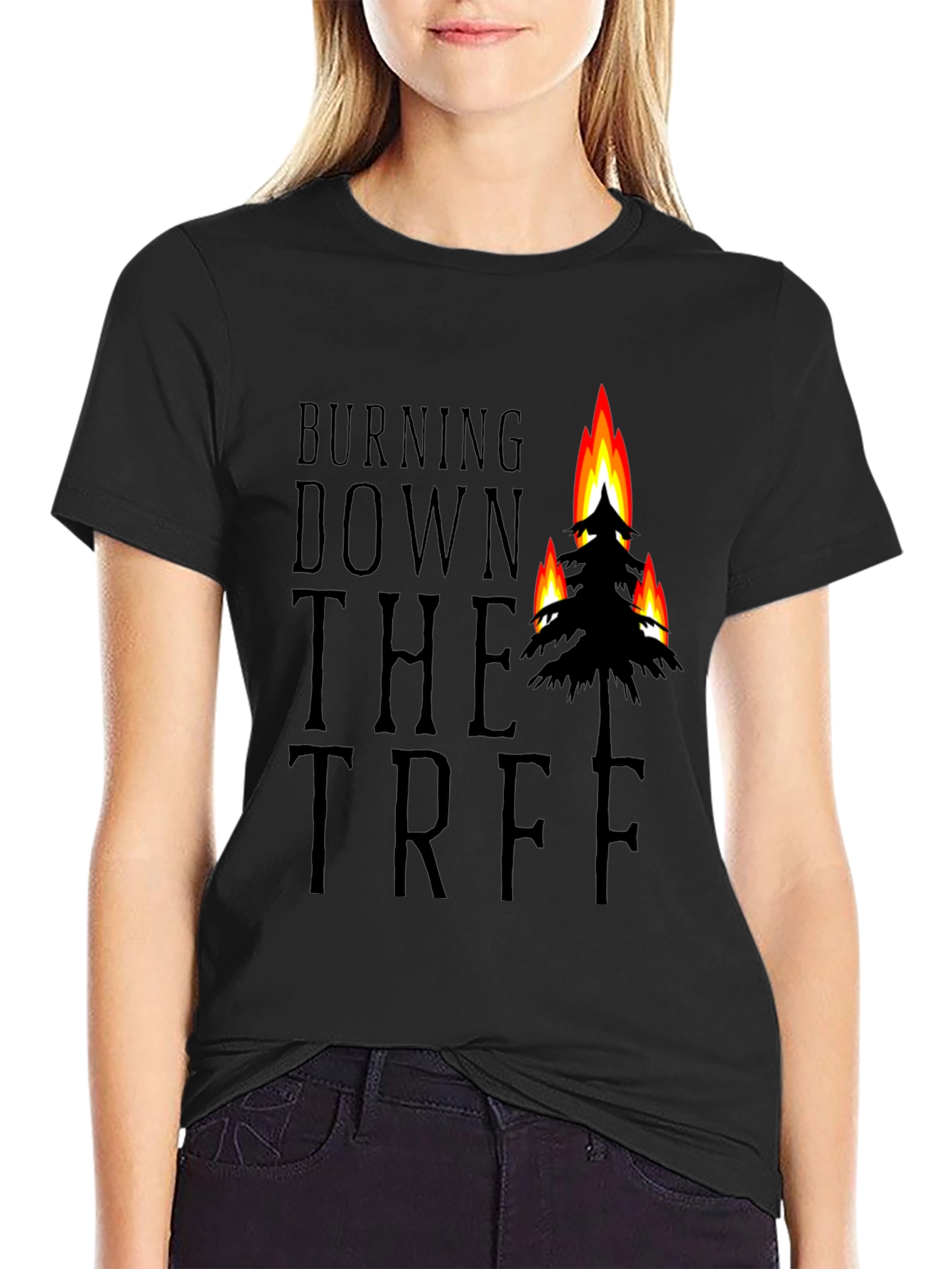 Black Burning Down the Tree Black Graphic T-Shirt view 2