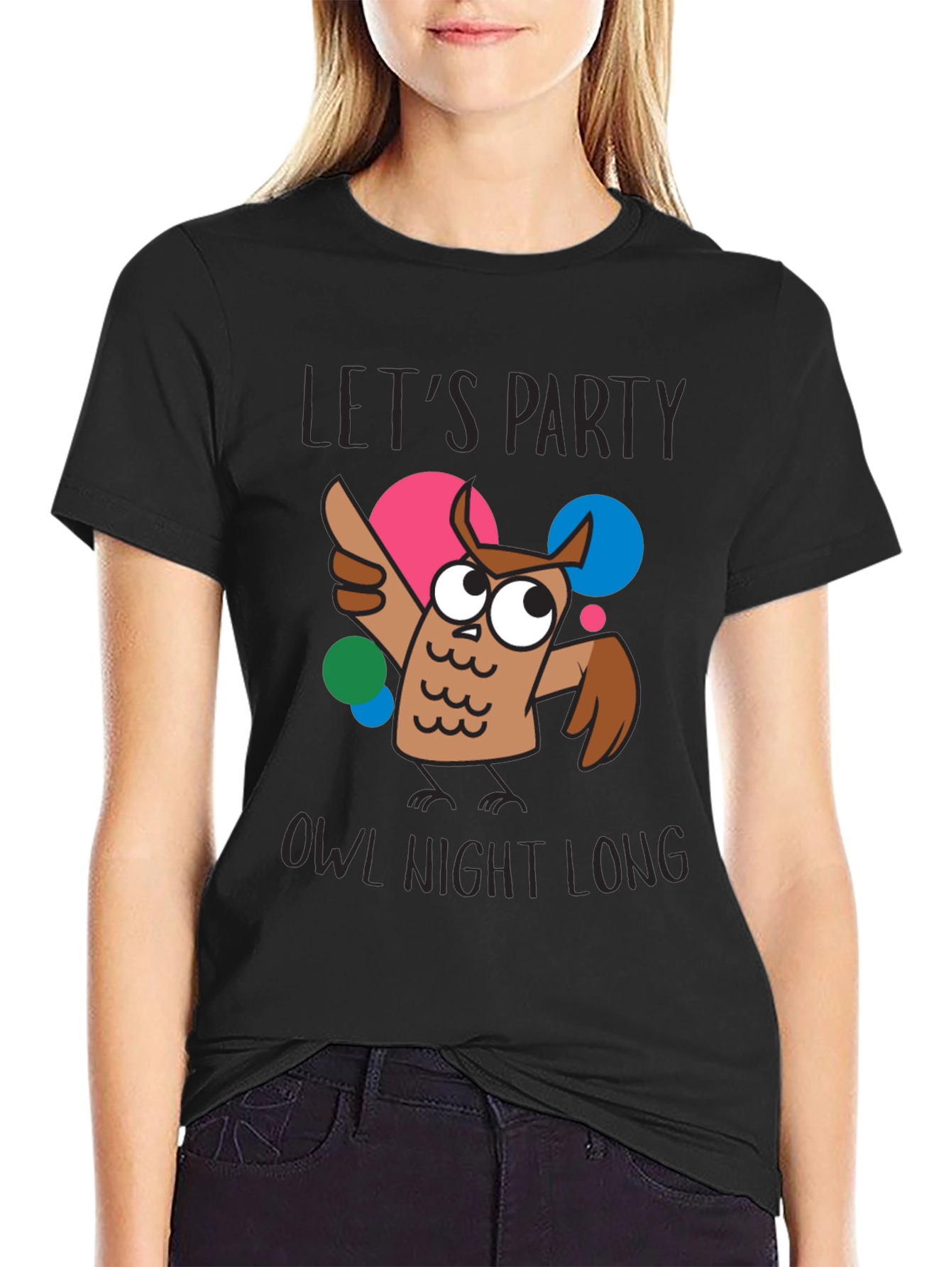Black Let's Party Owl Night Long Graphic T-Shirt view 2