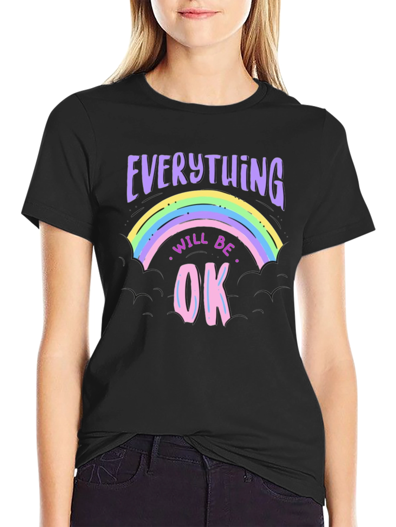 Black Everything Will Be Ok Rainbow Graphic T-Shirt view 2