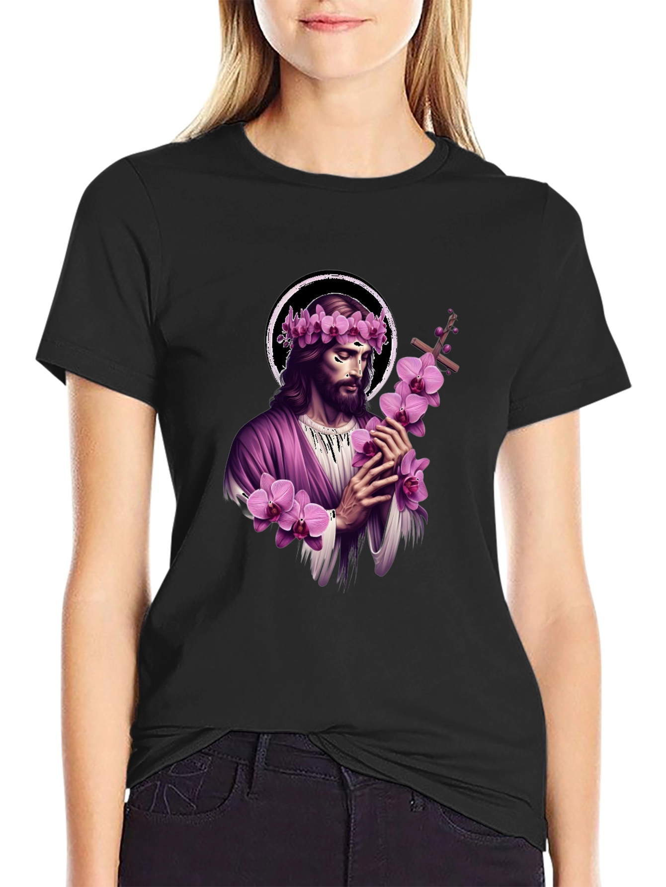 Black Jesus with Flowers Graphic T-Shirt - Soft Black Cotton Blend view 2