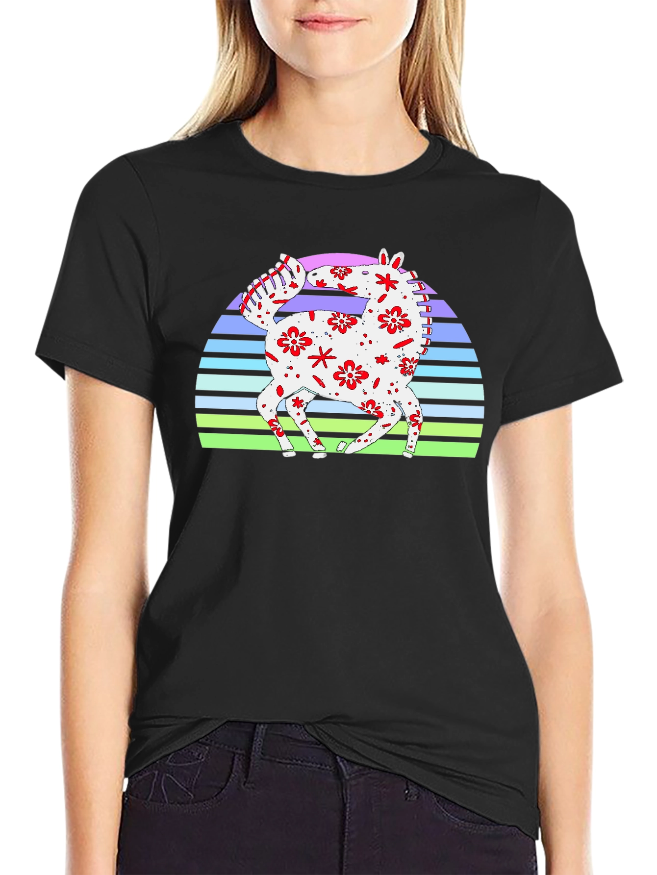 Black Floral Horse Graphic Tee - Retro Sunset Design view 2